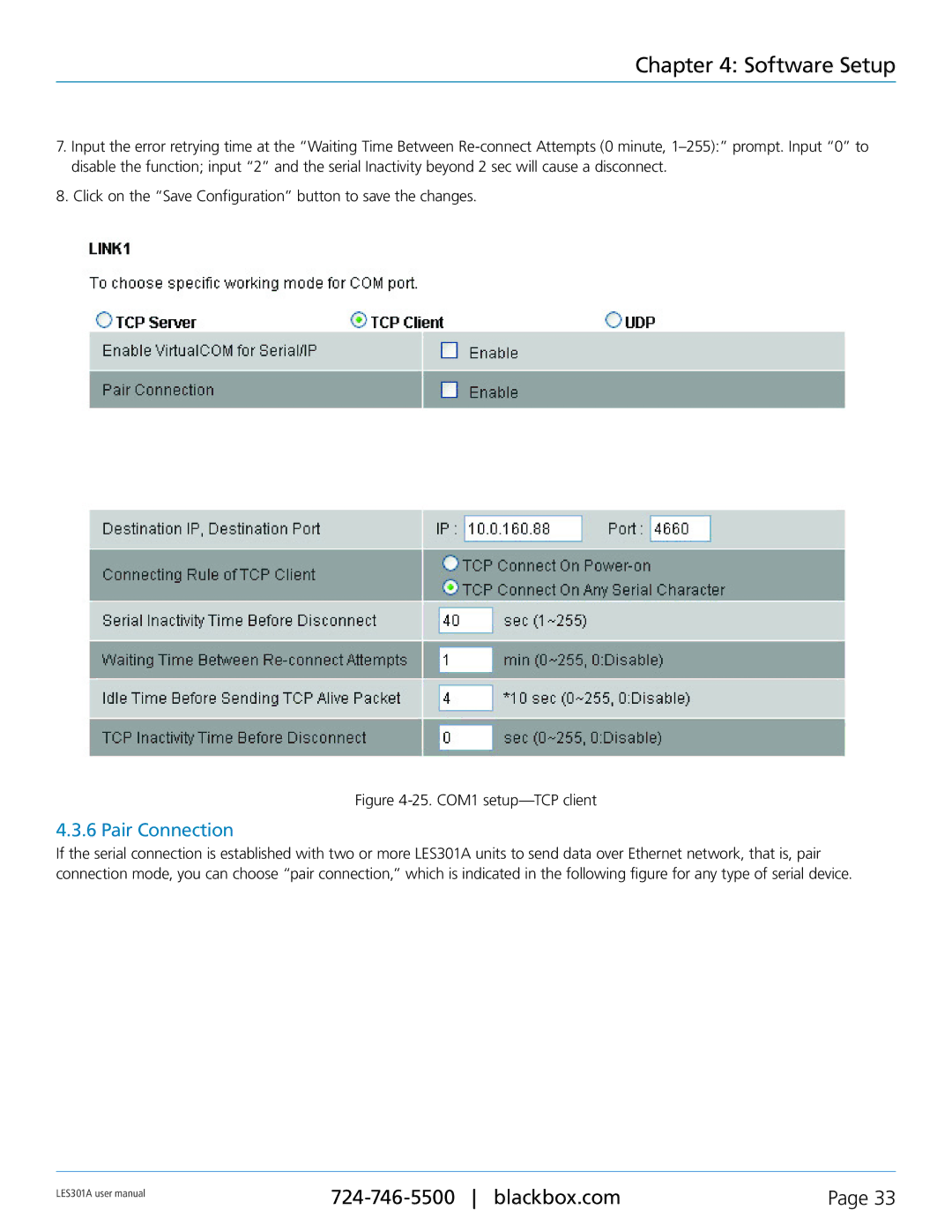 Black Box RS-232, RS-422, RS-485, 1-Port 10/100 Device Server user manual Pair Connection, COM1 setup-TCP client 