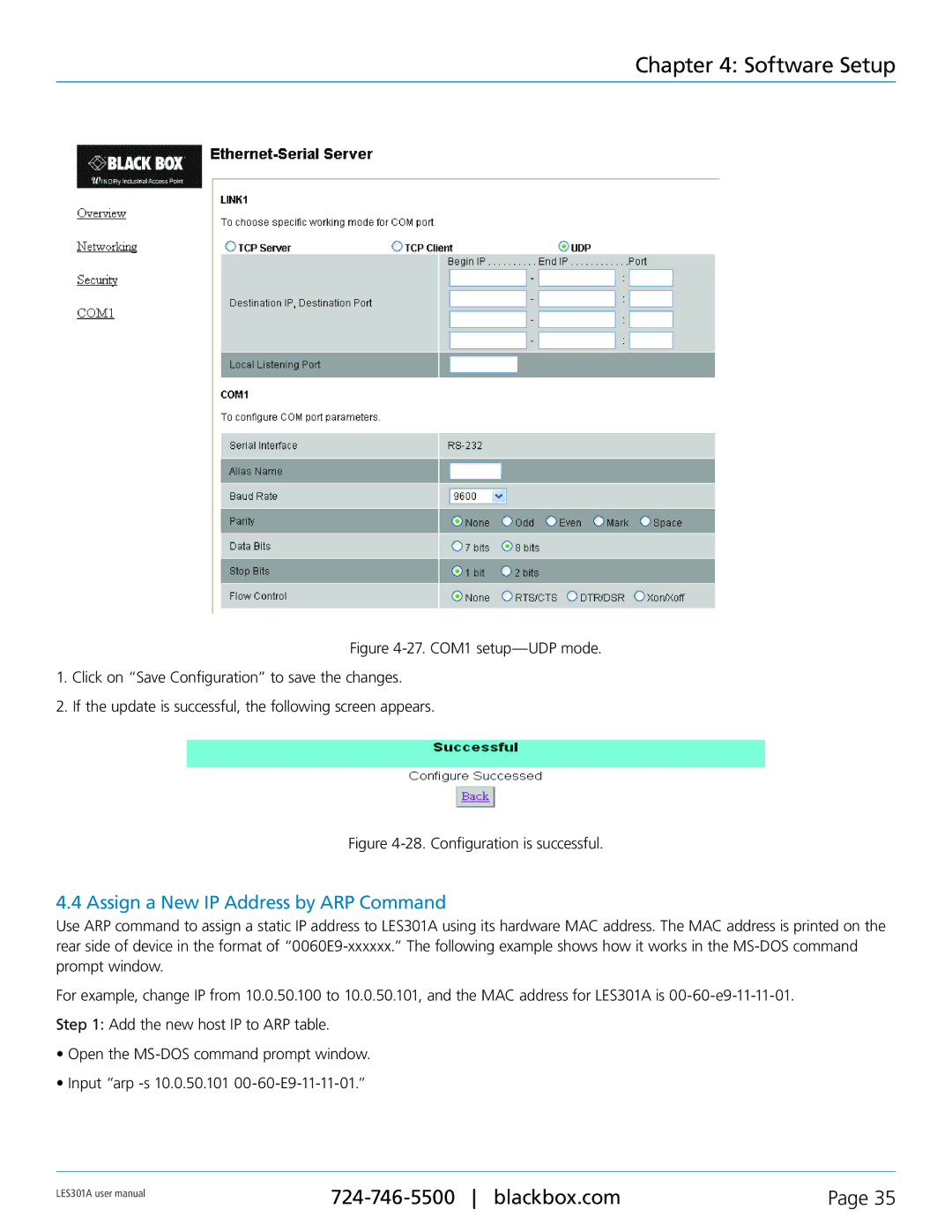 Black Box 1-Port 10/100 Device Server, RS-422, RS-232 Assign a New IP Address by ARP Command, Configuration is successful 