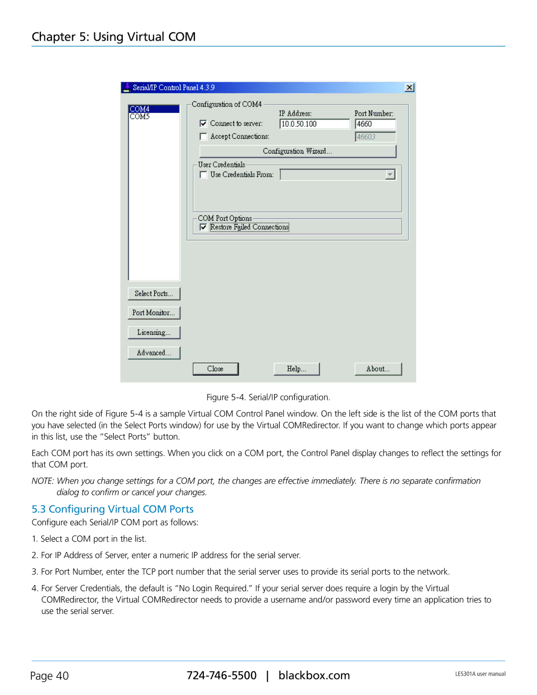 Black Box RS-422, RS-232, RS-485, 1-Port 10/100 Device Server user manual Configuring Virtual COM Ports 