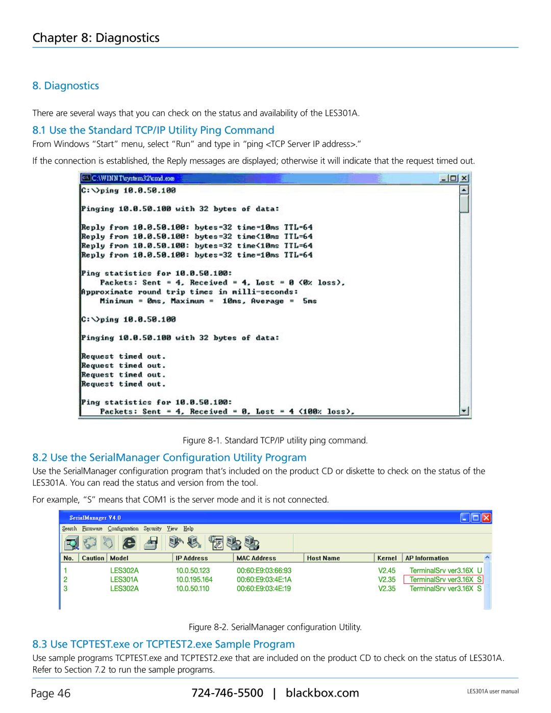 Black Box RS-485 Diagnostics, Use the Standard TCP/IP Utility Ping Command, Use TCPTEST.exe or TCPTEST2.exe Sample Program 