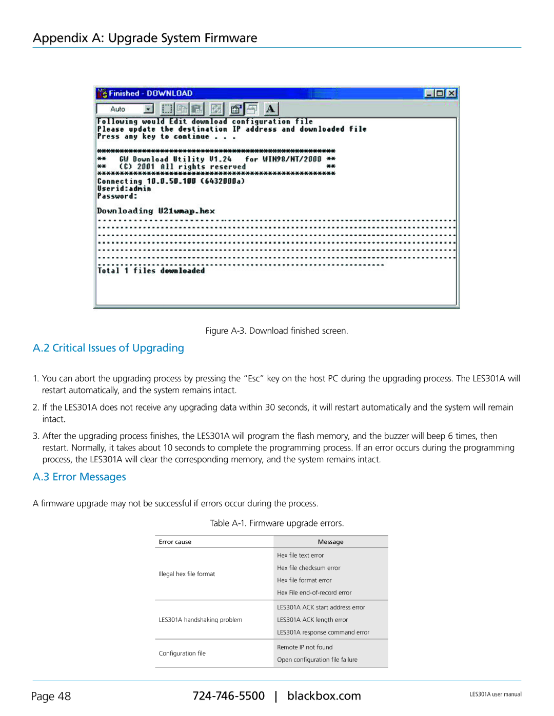 Black Box RS-422, RS-232, RS-485, 1-Port 10/100 Device Server user manual Critical Issues of Upgrading, Error Messages 