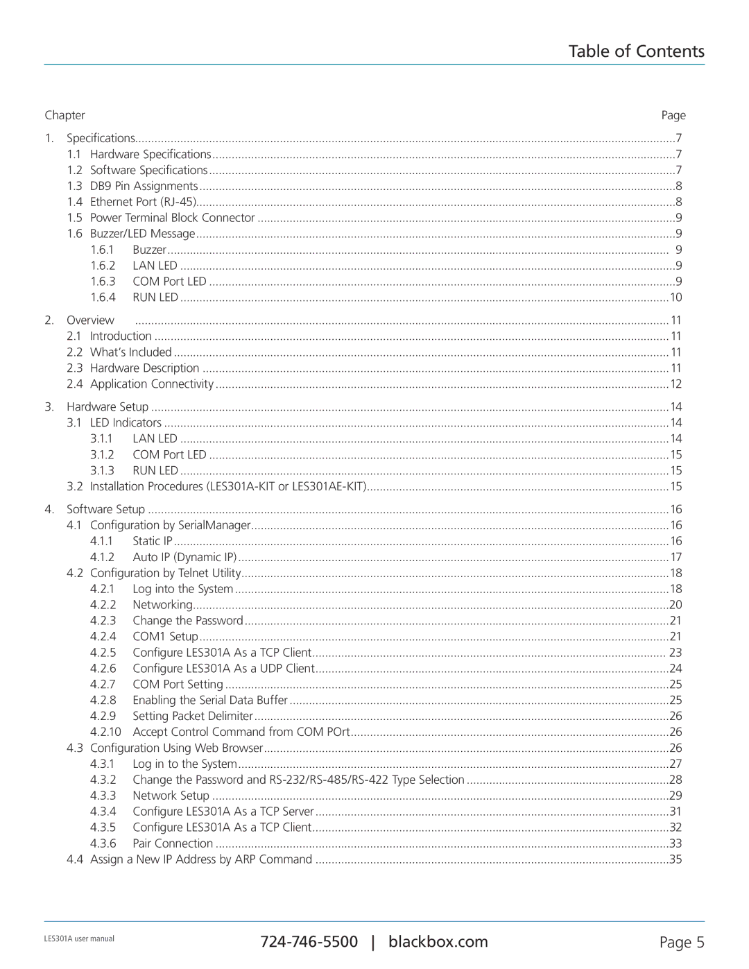 Black Box RS-232, RS-422, RS-485, 1-Port 10/100 Device Server user manual Table of Contents 