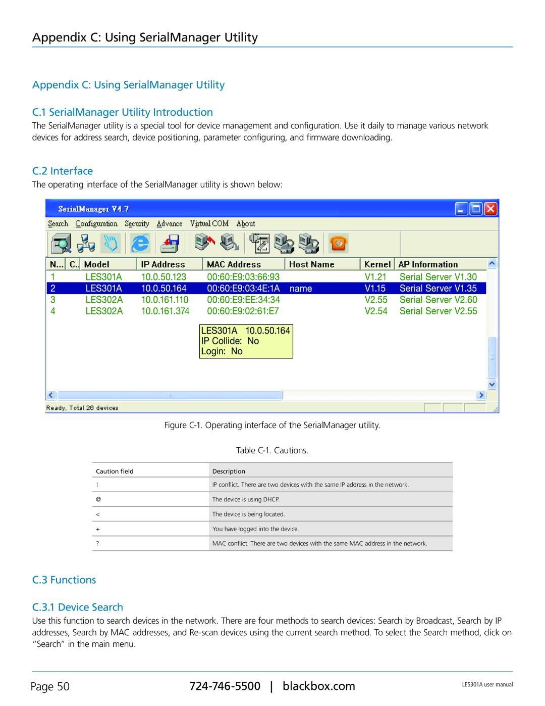 Black Box RS-485, RS-422 Appendix C Using SerialManager Utility, Interface, Functions Device Search, Table C-1. Cautions 