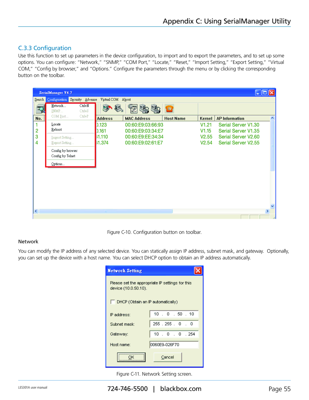 Black Box 1-Port 10/100 Device Server, RS-422, RS-232, RS-485 user manual Configuration, Figure C-11. Network Setting screen 