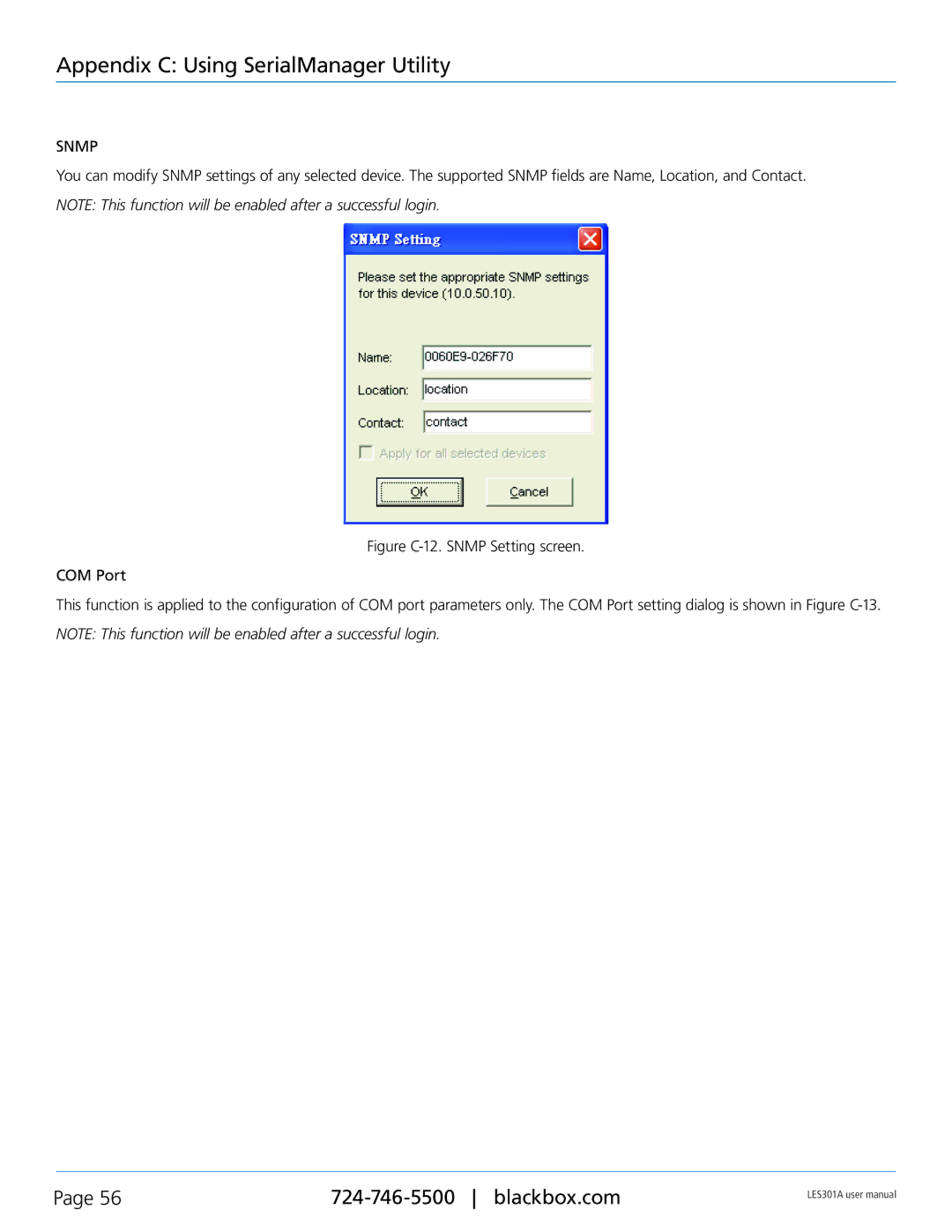 Black Box RS-422, RS-232, RS-485, 1-Port 10/100 Device Server user manual Snmp 