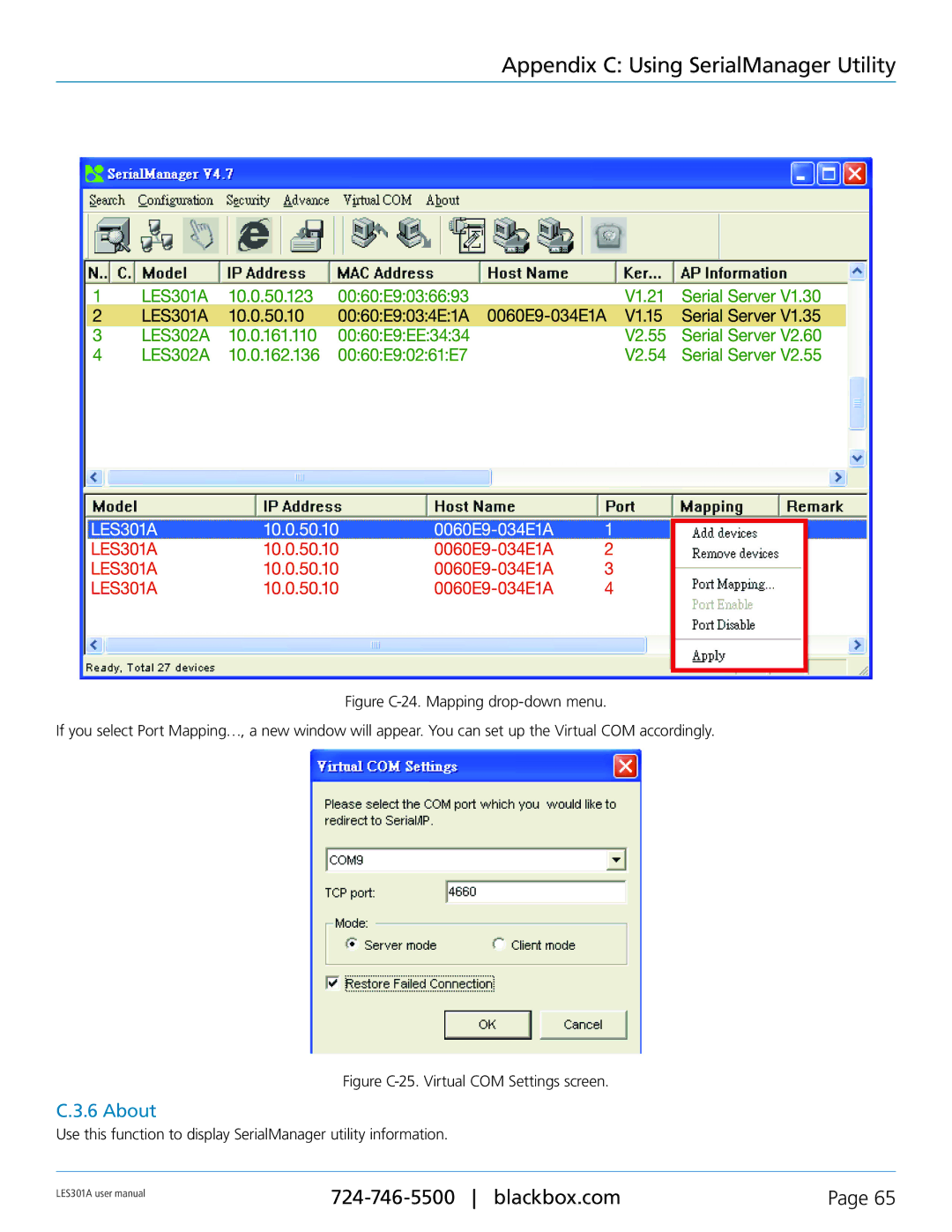 Black Box RS-232, RS-422, RS-485, 1-Port 10/100 Device Server user manual About, Figure C-25. Virtual COM Settings screen 