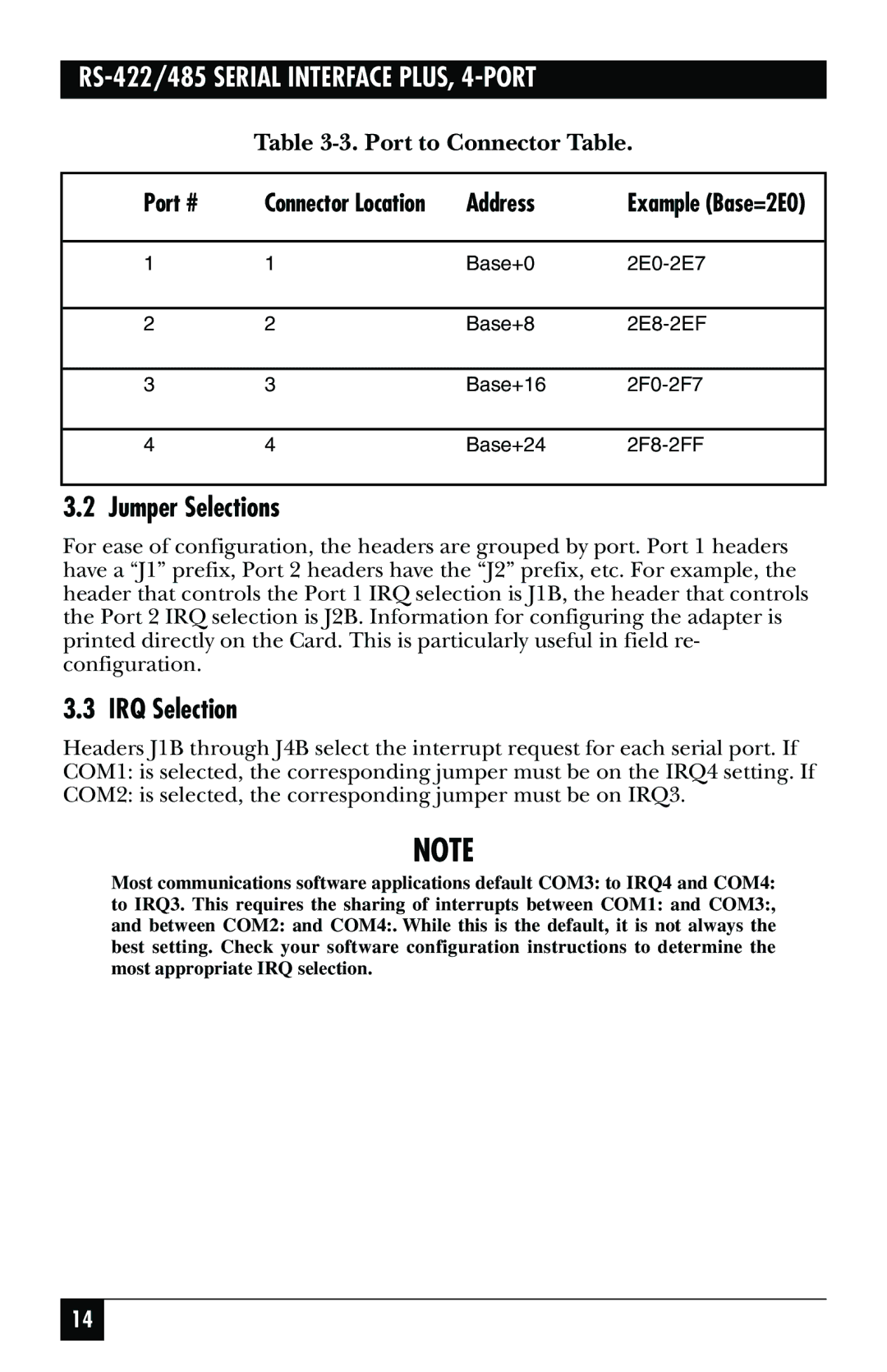 Black Box RS-422, RS-485, IC183C manual Jumper Selections, IRQ Selection 