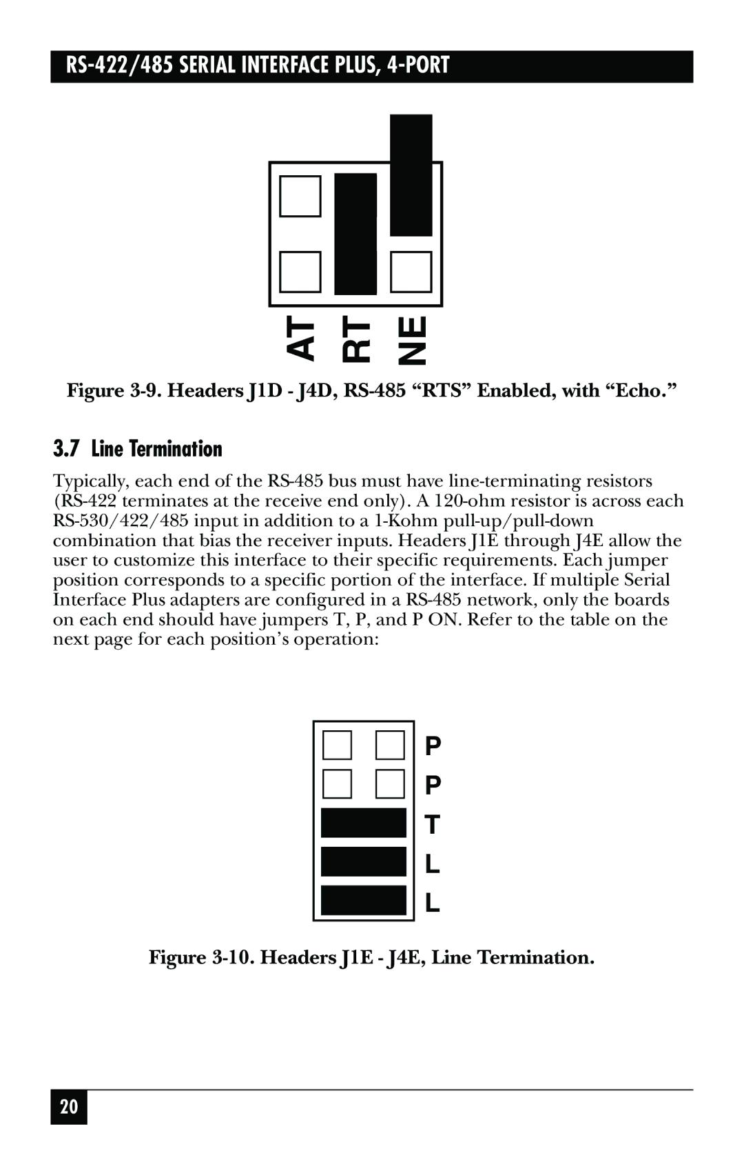 Black Box RS-422, IC183C manual Line Termination, Headers J1D J4D, RS-485 RTS Enabled, with Echo 