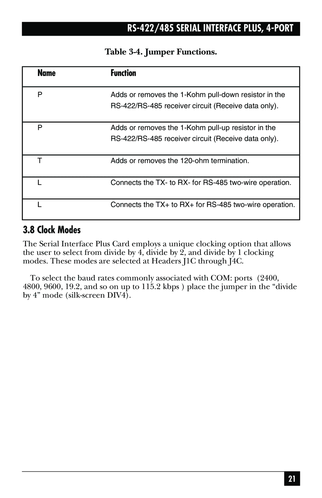 Black Box RS-485, RS-422, IC183C manual Clock Modes, Name Function 