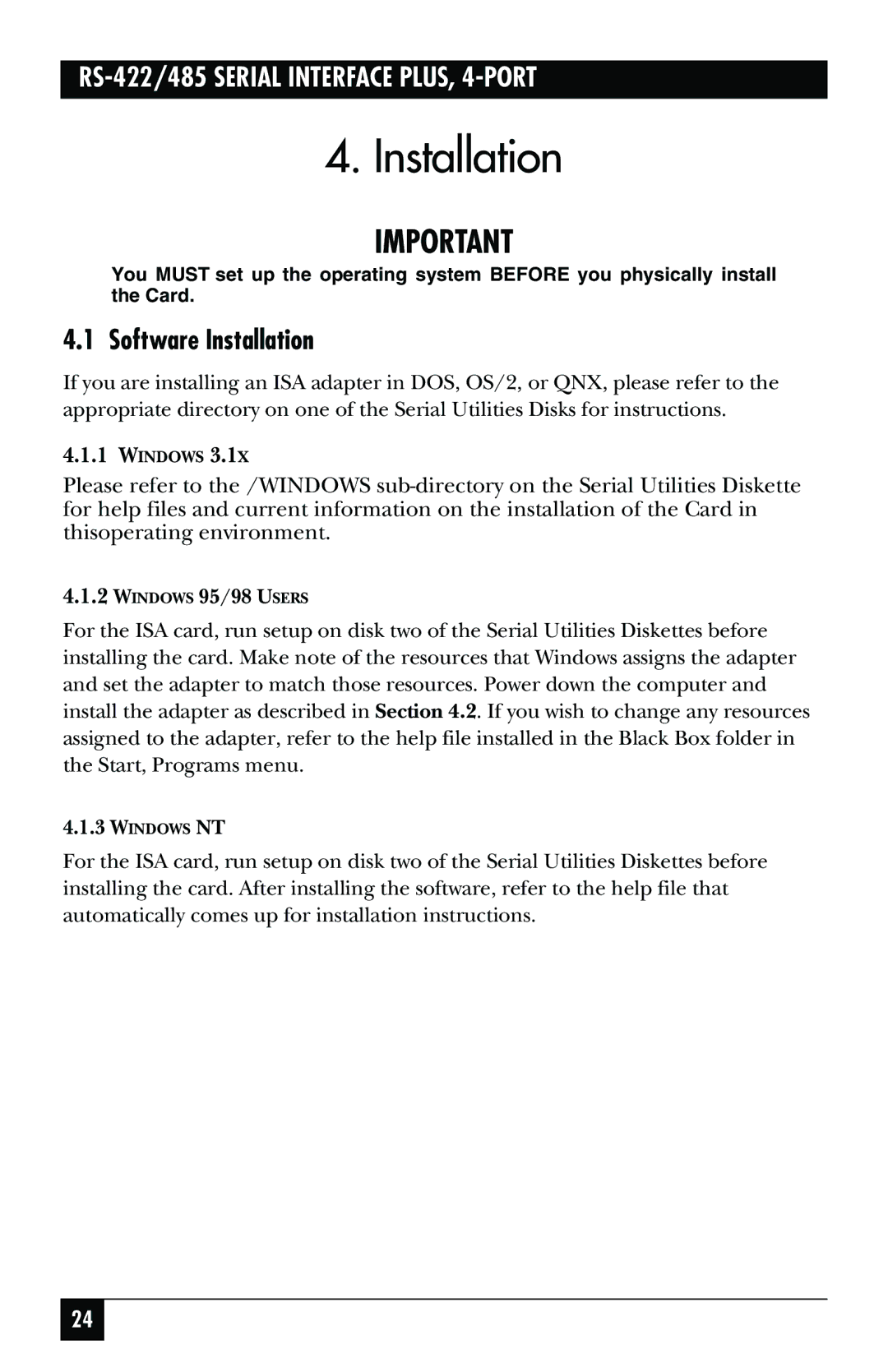 Black Box RS-485, RS-422, IC183C manual Software Installation 