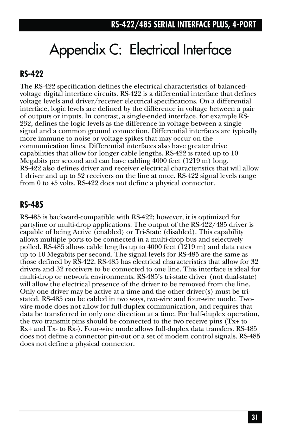 Black Box IC183C manual Appendix C Electrical Interface, RS-422, RS-485 