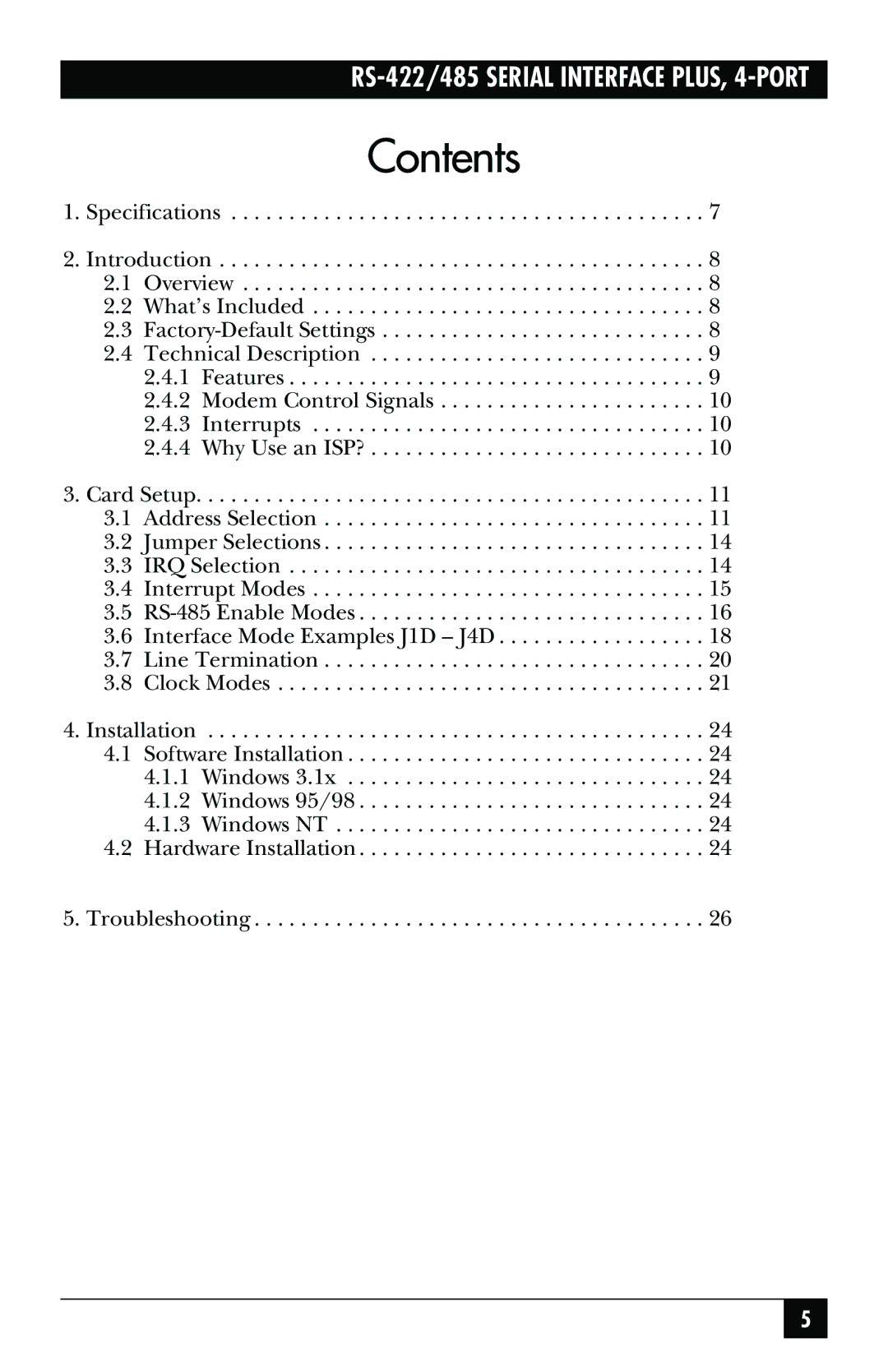 Black Box RS-422, RS-485, IC183C manual Contents 