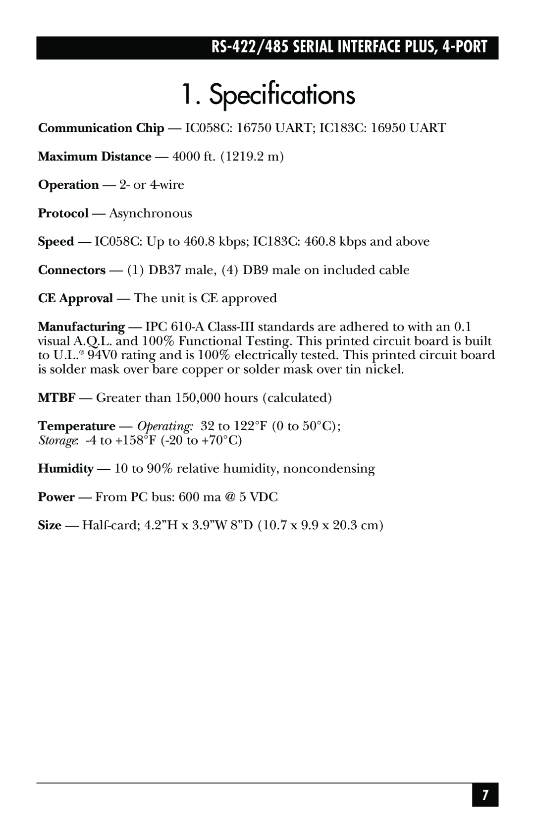 Black Box IC183C, RS-422, RS-485 manual Specifications 