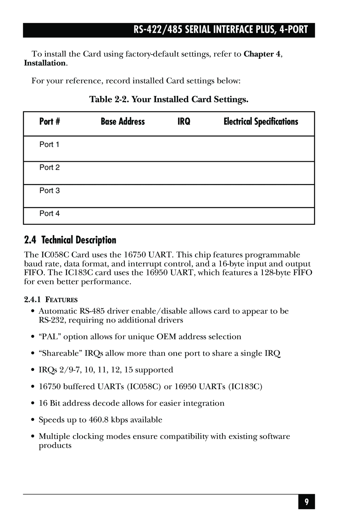 Black Box RS-485, RS-422, IC183C manual Technical Description 