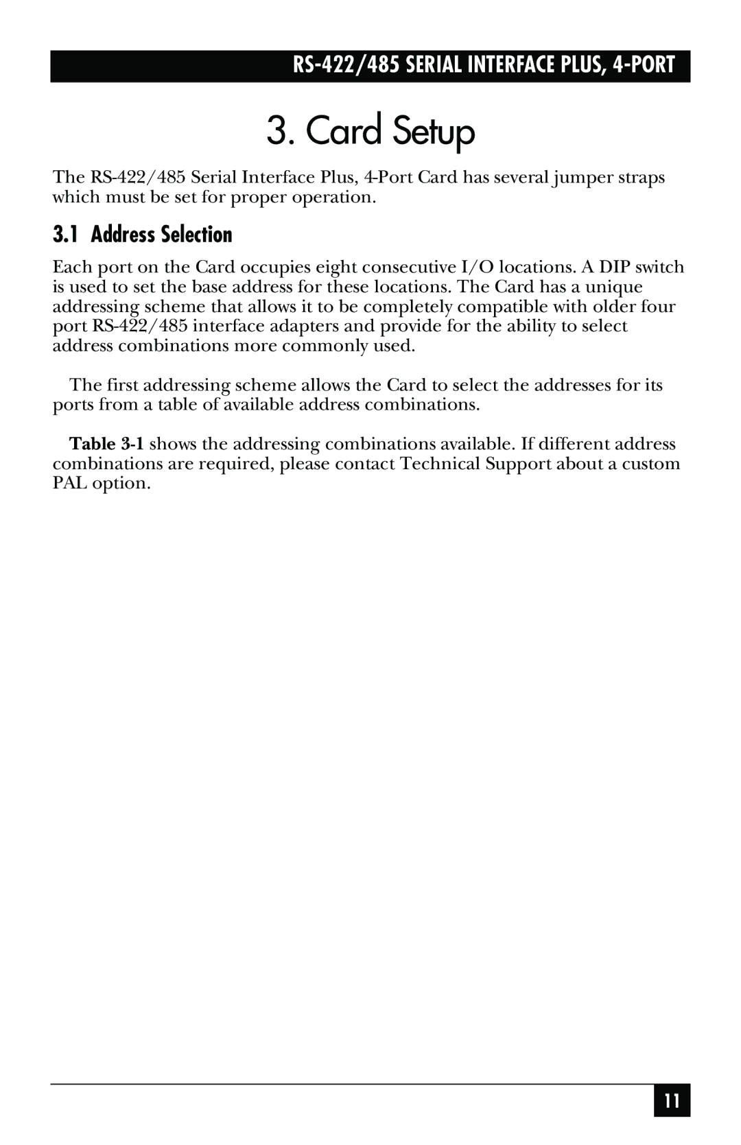 Black Box RS-422, RS-485, IC183C manual Card Setup, Address Selection 