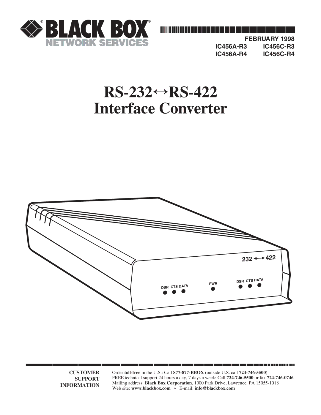 Black Box RS-485, IC183C manual RS-422/485 Serial Interface Plus, 4-Port 