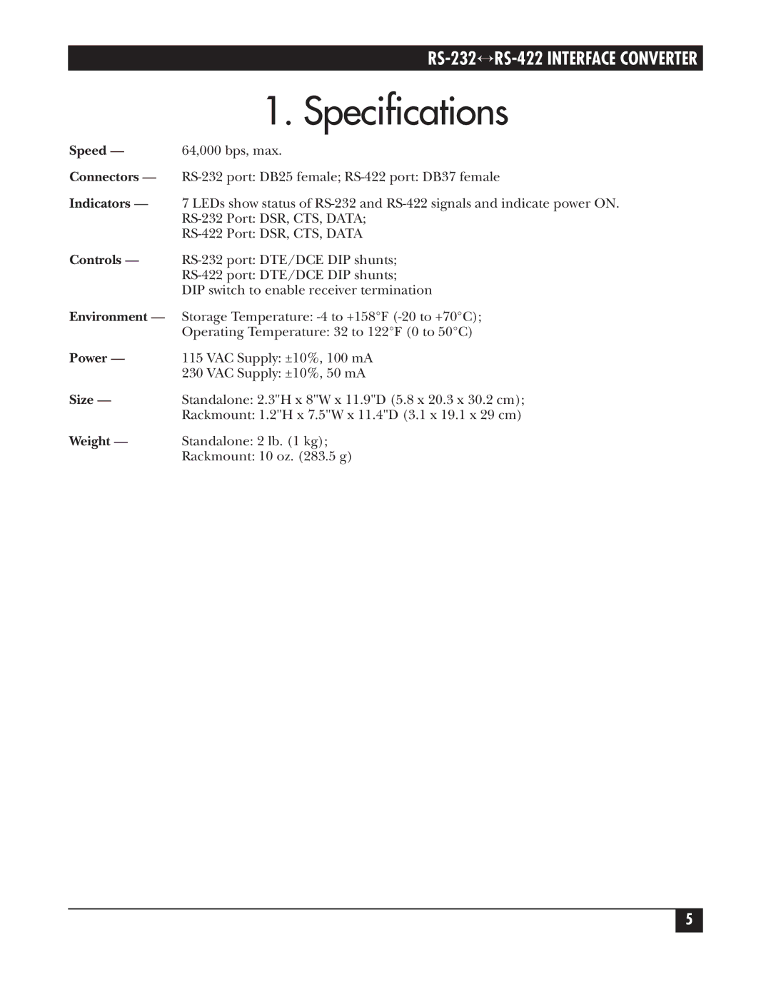 Black Box RS-422, RS0232 manual Specifications, Indicators 