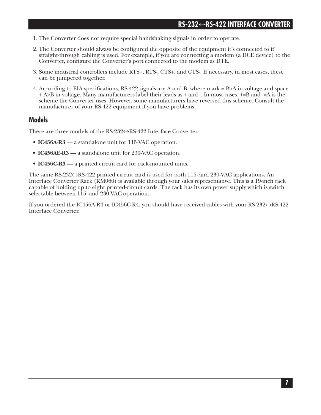 Black Box RS-422, RS0232 manual Models 