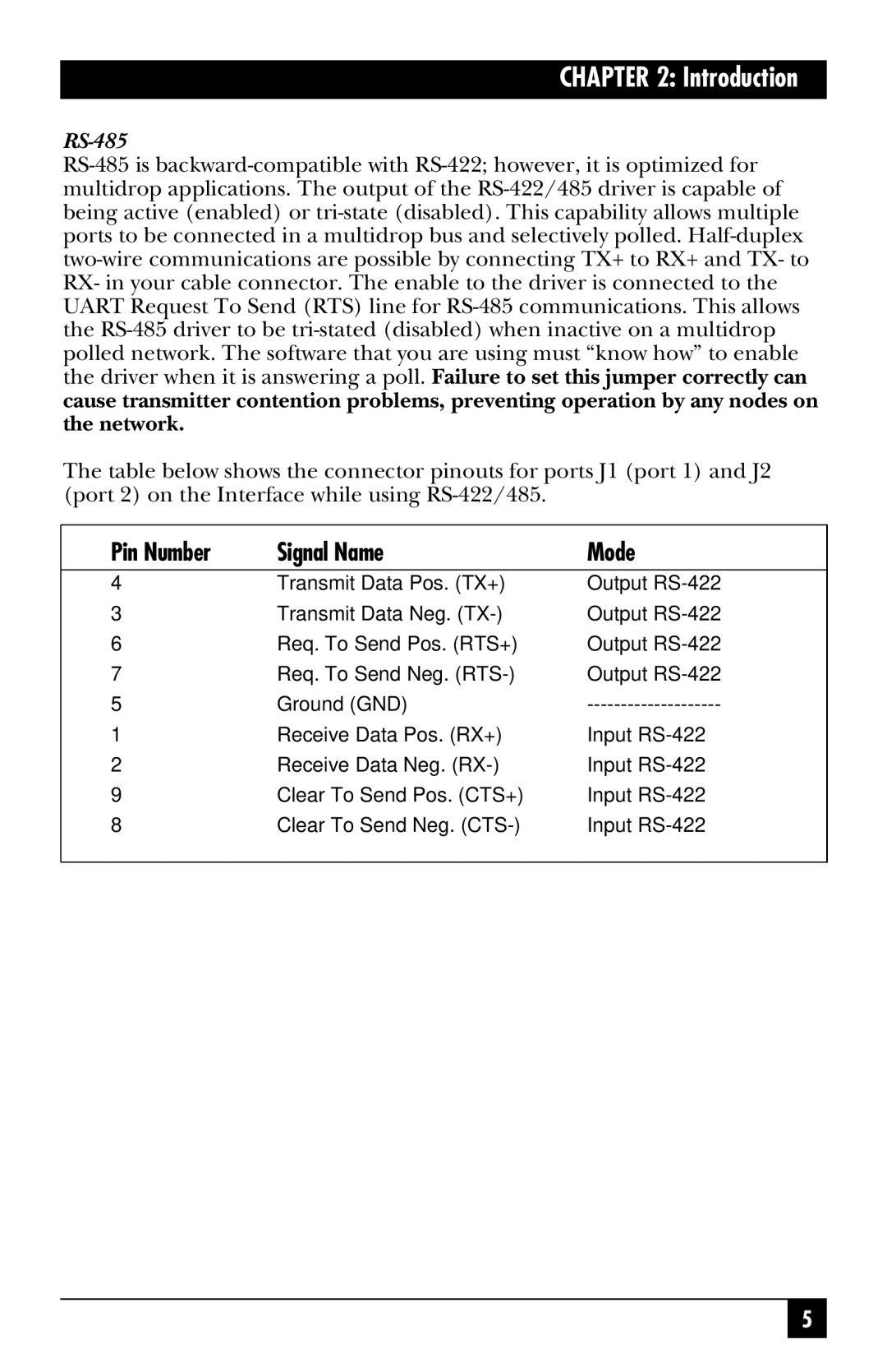 Black Box IC175C, IC113C manual RS-485, Introduction, Pin Number, Signal Name, Mode 