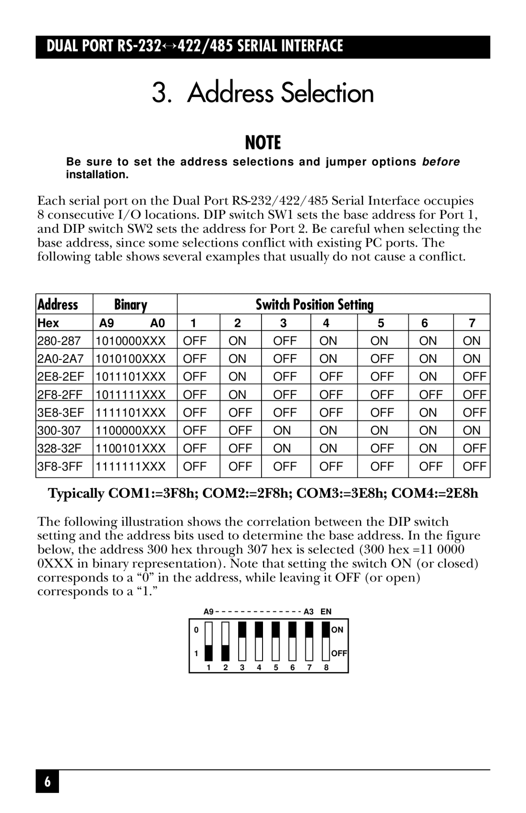 Black Box IC113C Address Selection, Binary, Typically COM1=3F8h COM2=2F8h COM3=3E8h COM4=2E8h, Switch Position Setting 