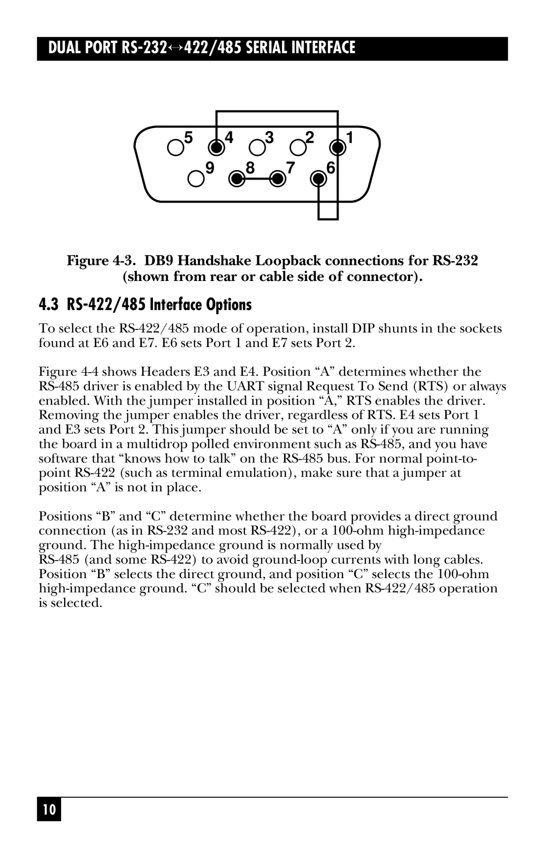 Black Box RS-485, IC175C, IC113C manual 4.3 RS-422/485 Interface Options, 3. DB9 Handshake Loopback connections for RS-232 