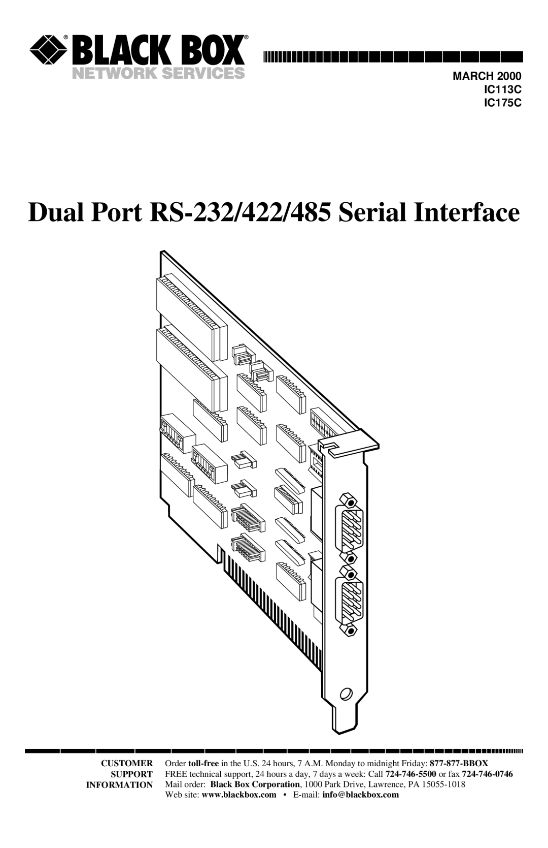 Black Box IC175C, RS-485, IC113C manual Dual Port RS-232/422/485 Serial Interface 