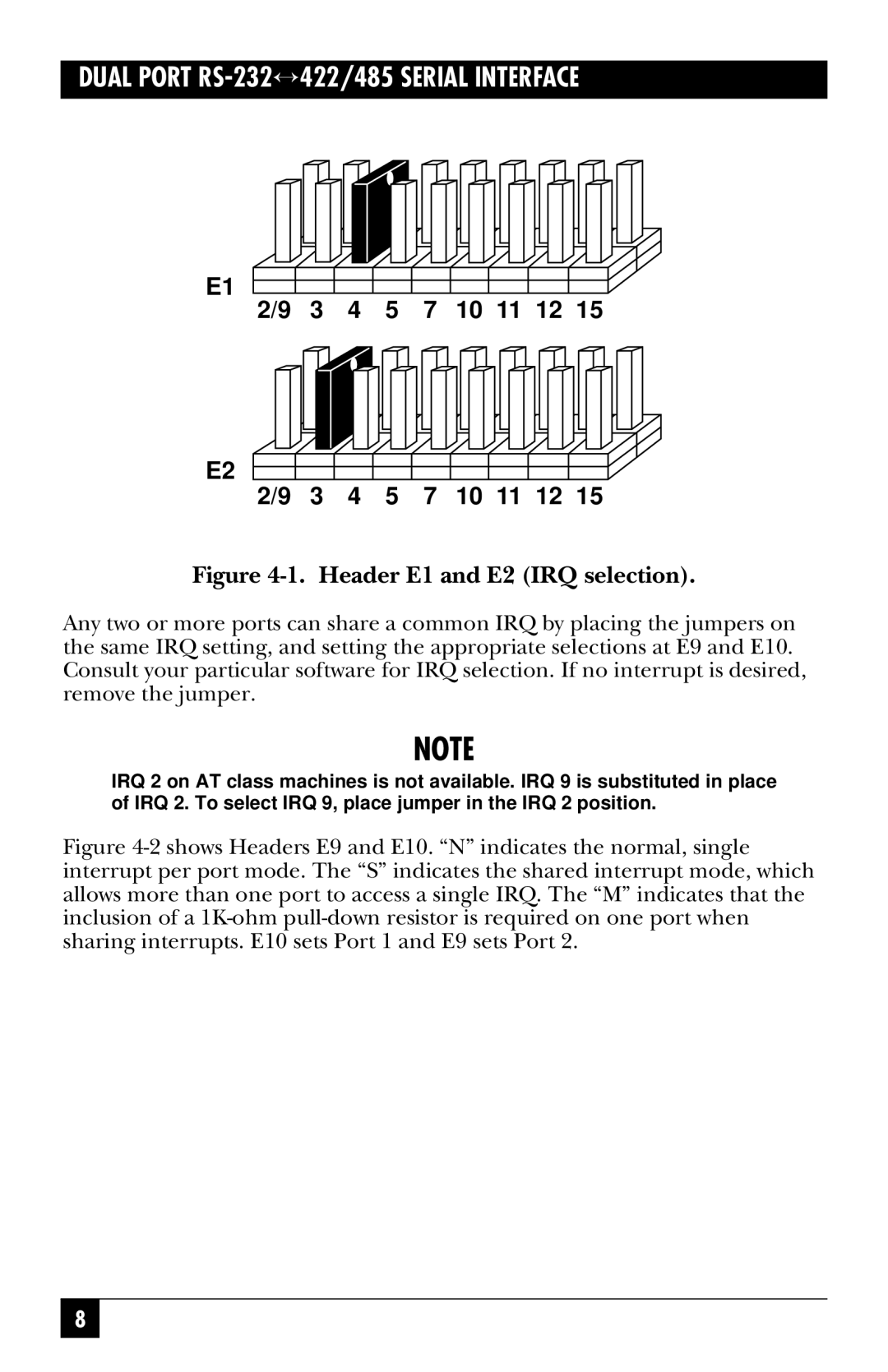 Black Box IC175C, RS-485, IC113C manual Header E1 and E2 IRQ selection 