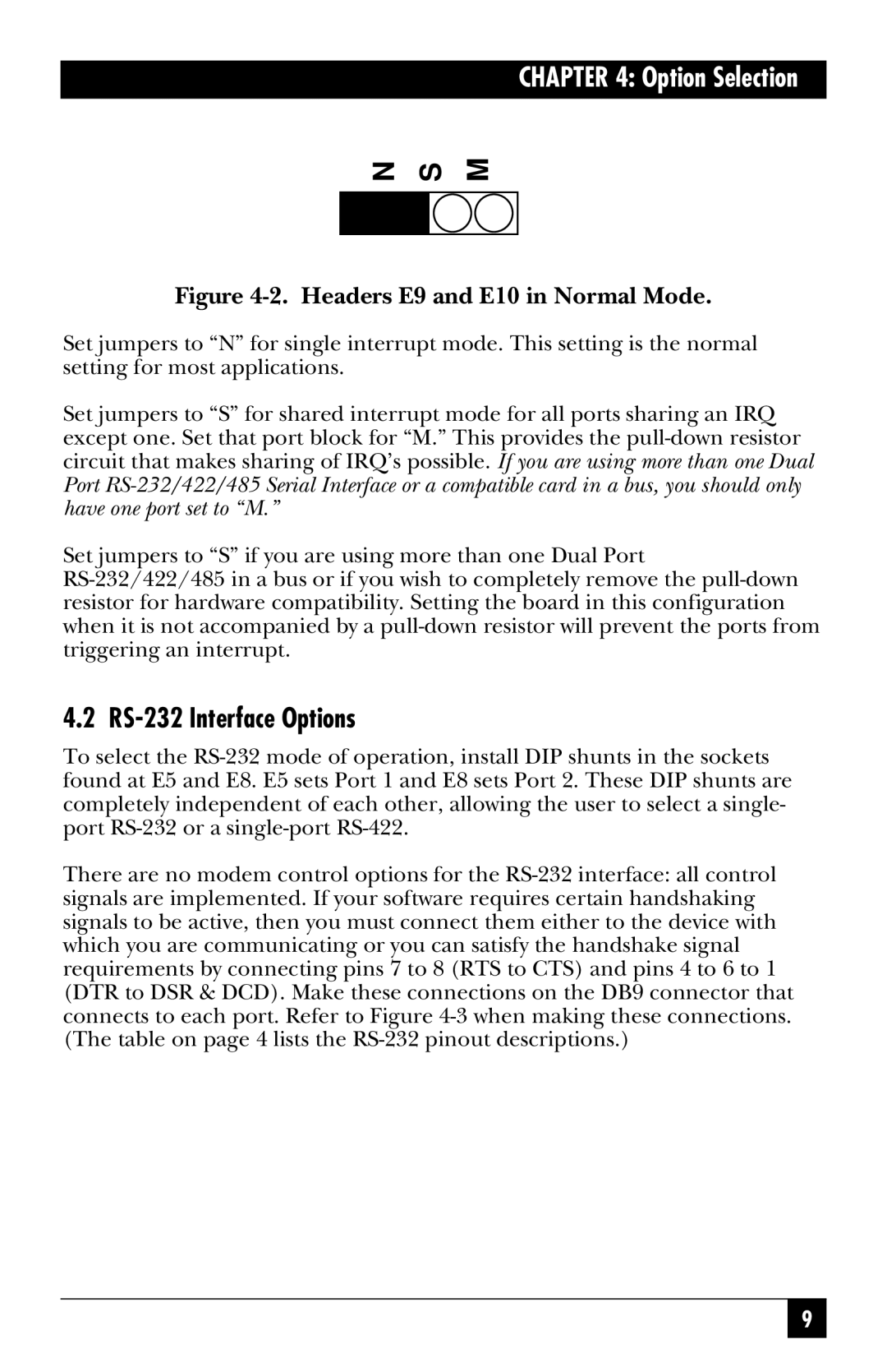 Black Box IC113C, RS-485, IC175C manual RS-232 Interface Options, Headers E9 and E10 in Normal Mode 