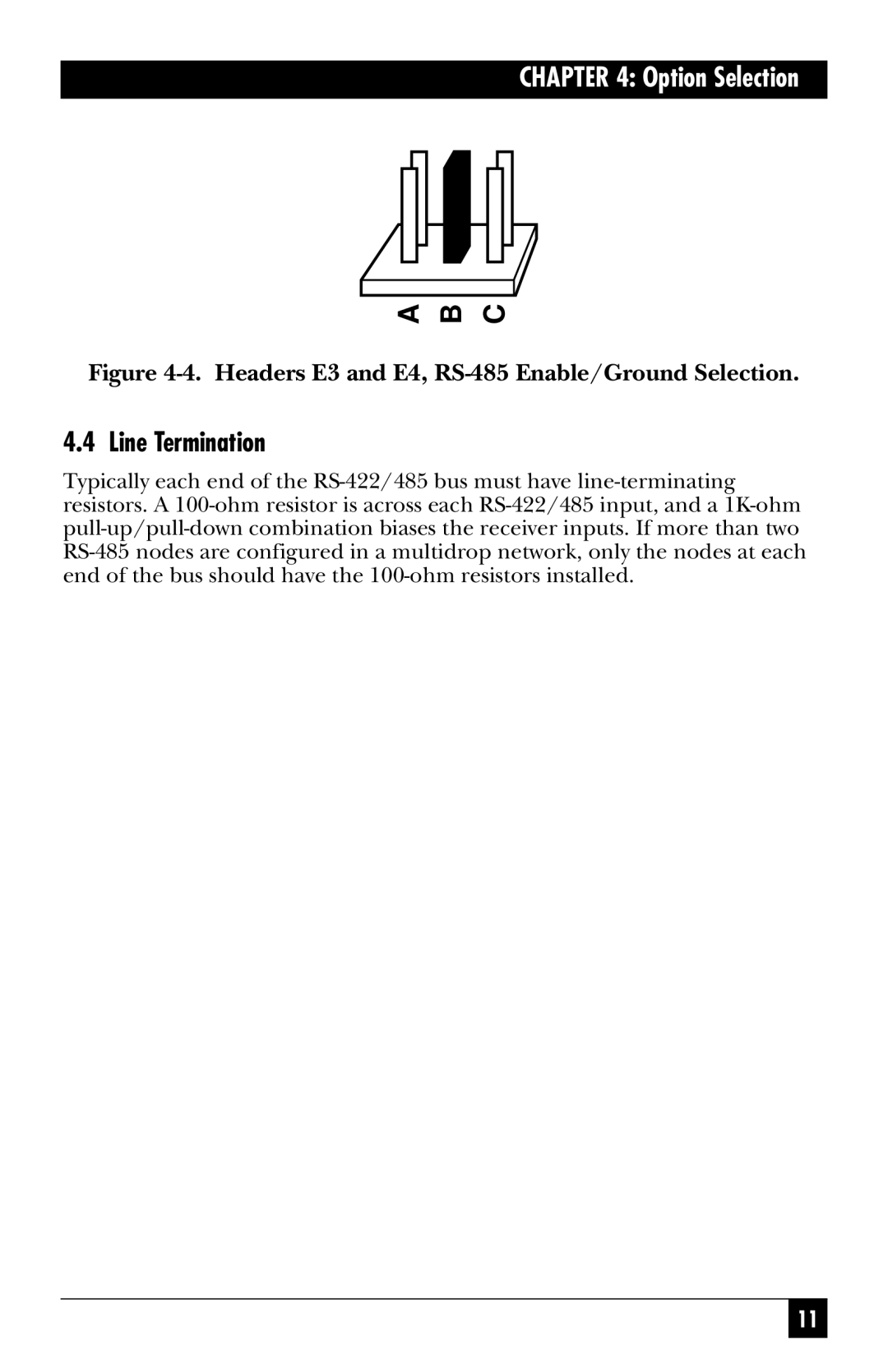 Black Box IC175C, IC113C manual Line Termination, Headers E3 and E4, RS-485 Enable/Ground Selection 