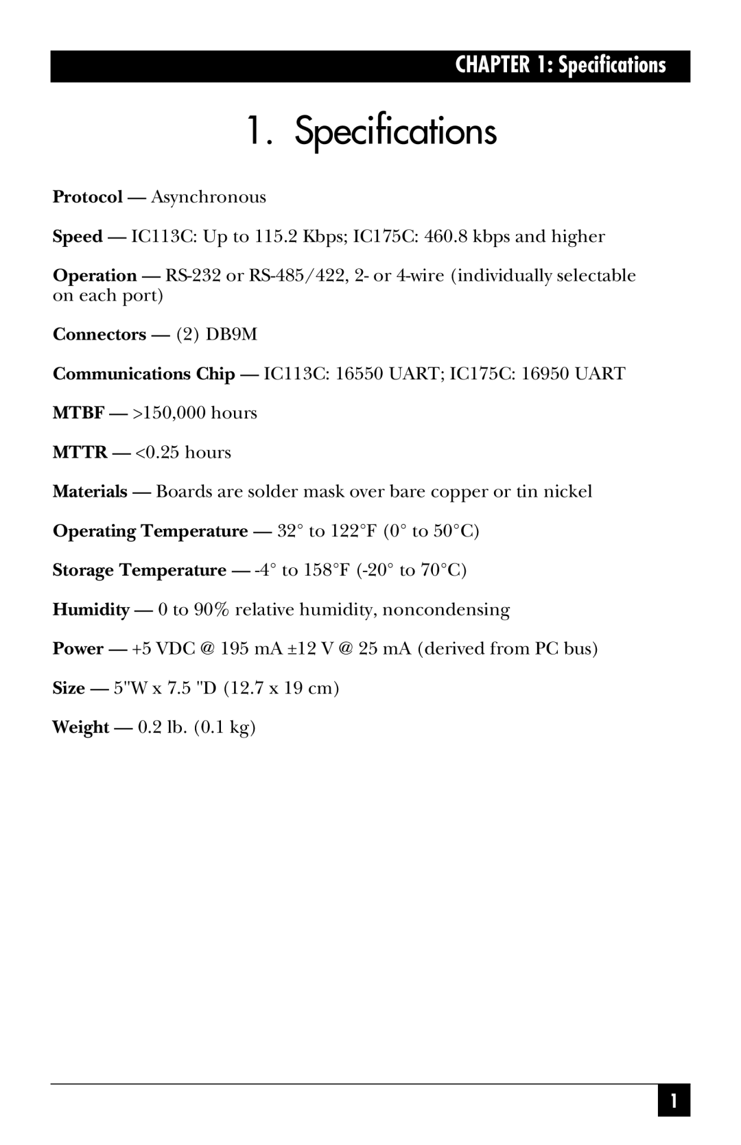 Black Box RS-485, IC175C, IC113C manual Specifications, Connectors 2 DB9M 