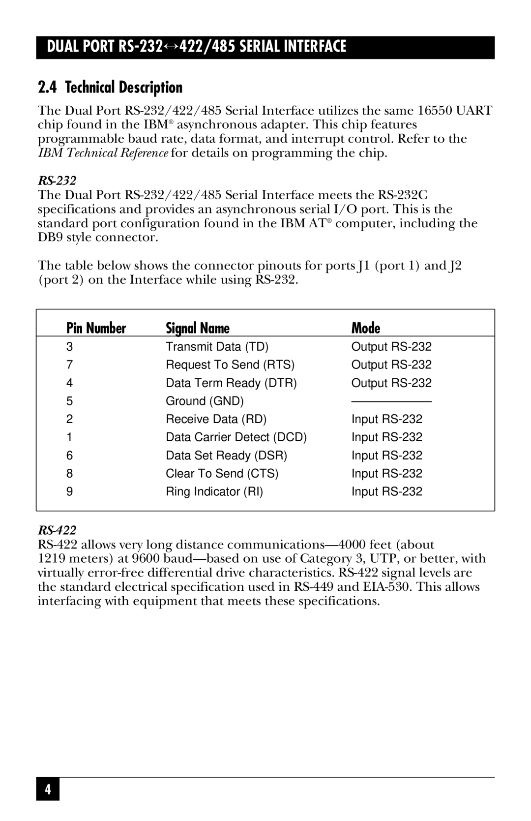 Black Box RS-485, IC175C, IC113C manual Technical Description, RS-232 