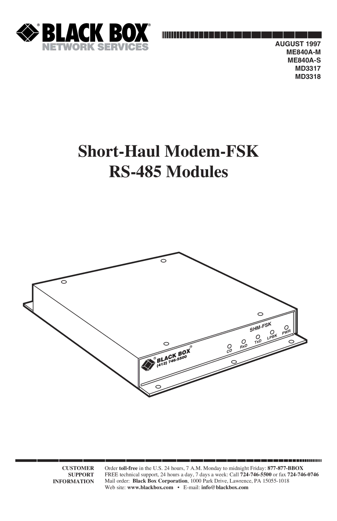 Black Box MD3317, ME840A-M, ME840A-S, MD3318 manual Short-Haul Modem-FSK RS-485 Modules 