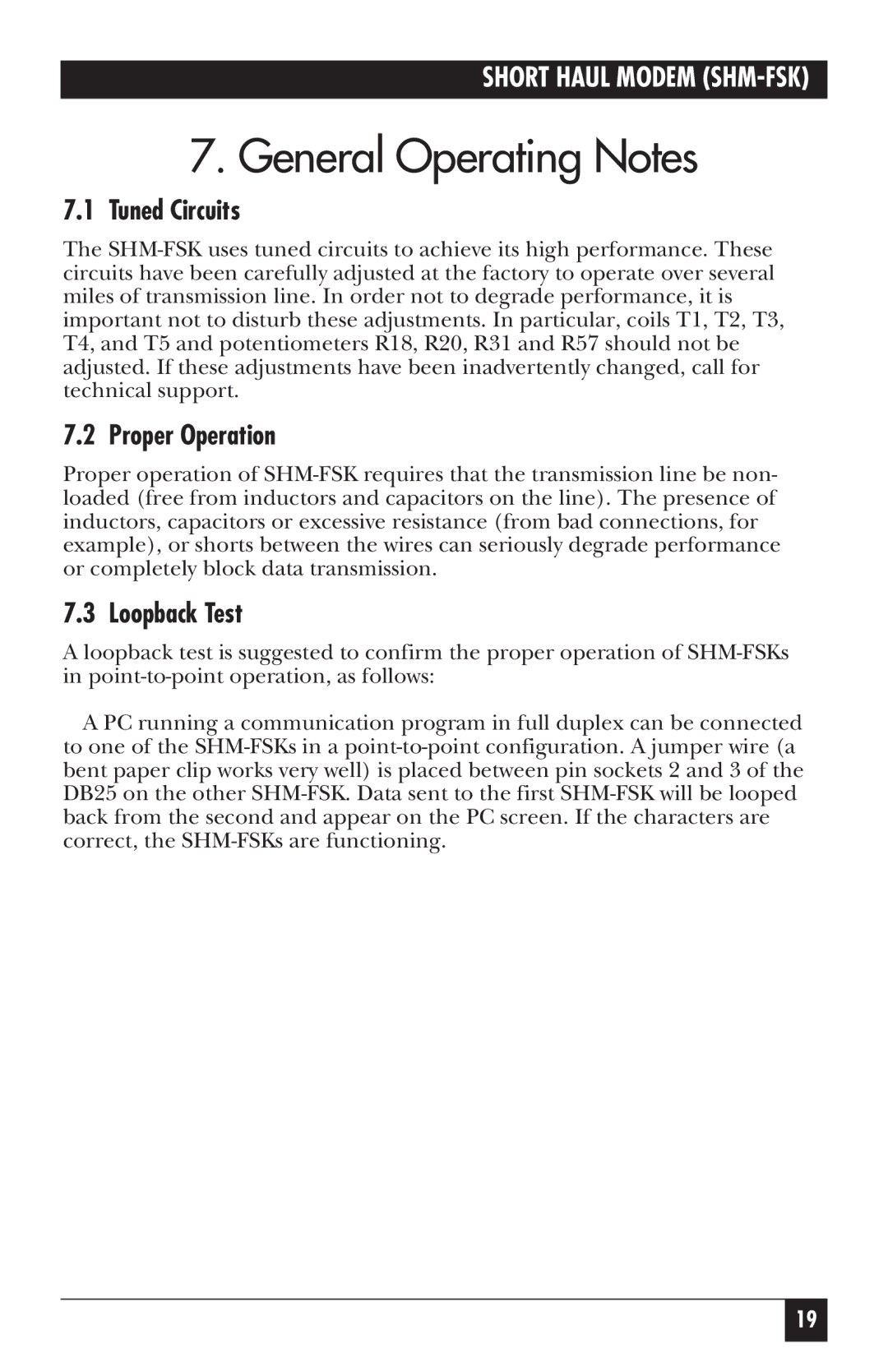 Black Box ME840A-S, RS-485, MD3317, ME840A-M, MD3318 General Operating Notes, Tuned Circuits, Proper Operation, Loopback Test 