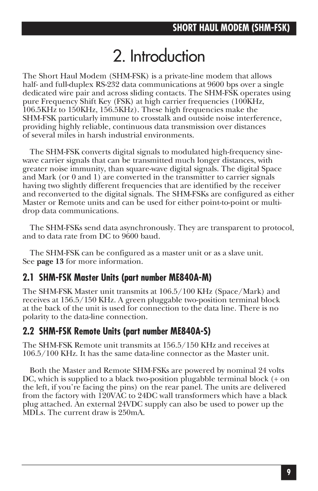 Black Box RS-485 Introduction, SHM-FSK Master Units part number ME840A-M, SHM-FSK Remote Units part number ME840A-S 