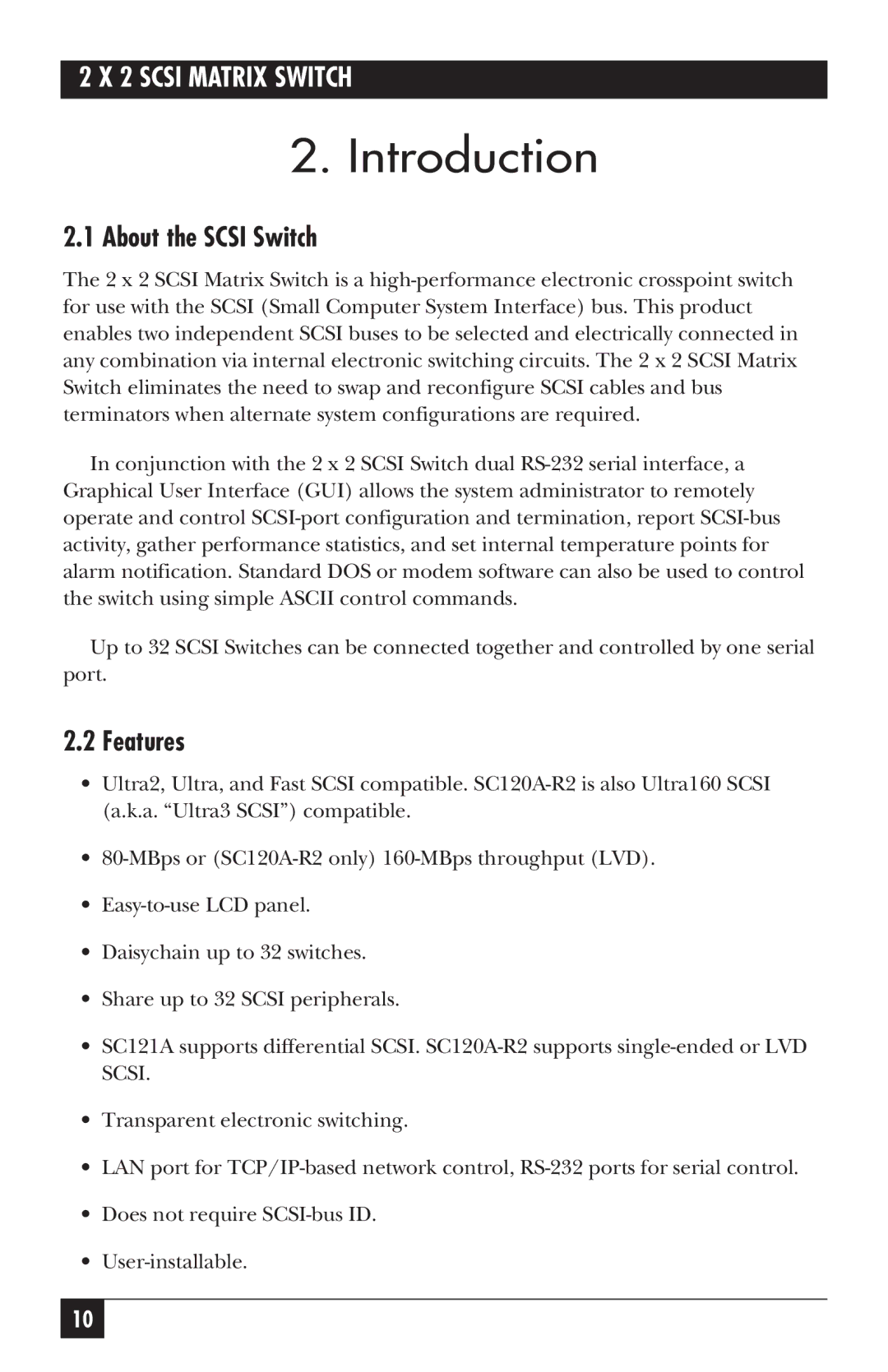 Black Box SC120A-R2, SC121A manual Introduction, About the Scsi Switch, Features 