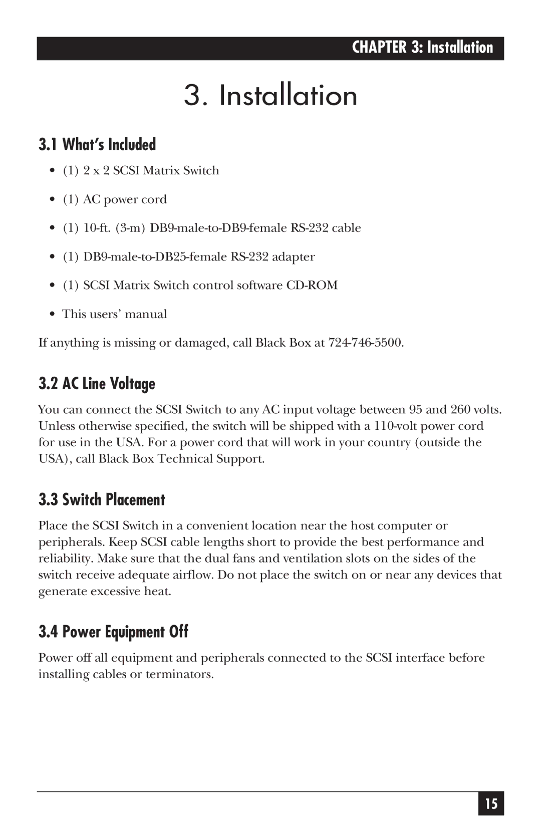 Black Box SC121A, SC120A-R2 manual Installation, What’s Included, AC Line Voltage, Switch Placement, Power Equipment Off 