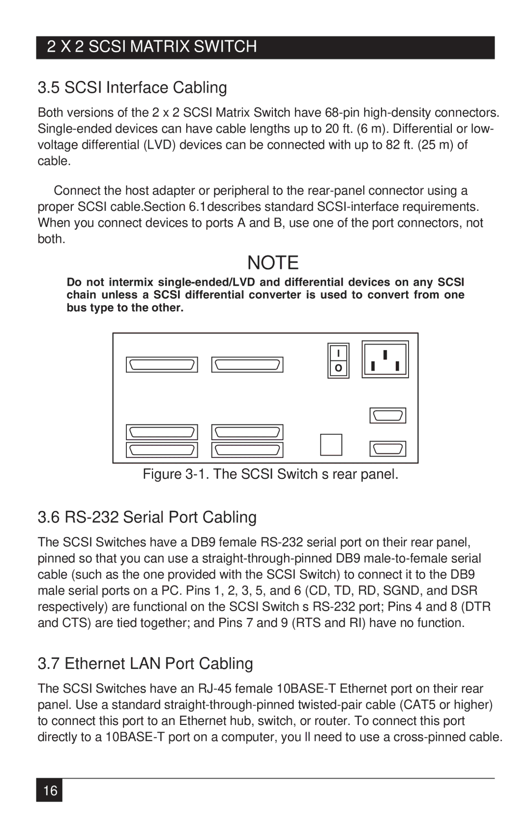 Black Box SC120A-R2, SC121A manual Scsi Interface Cabling, RS-232 Serial Port Cabling, Ethernet LAN Port Cabling 