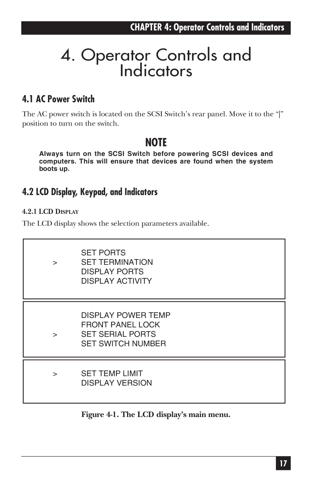 Black Box SC121A, SC120A-R2 manual Operator Controls and Indicators, AC Power Switch, LCD Display, Keypad, and Indicators 