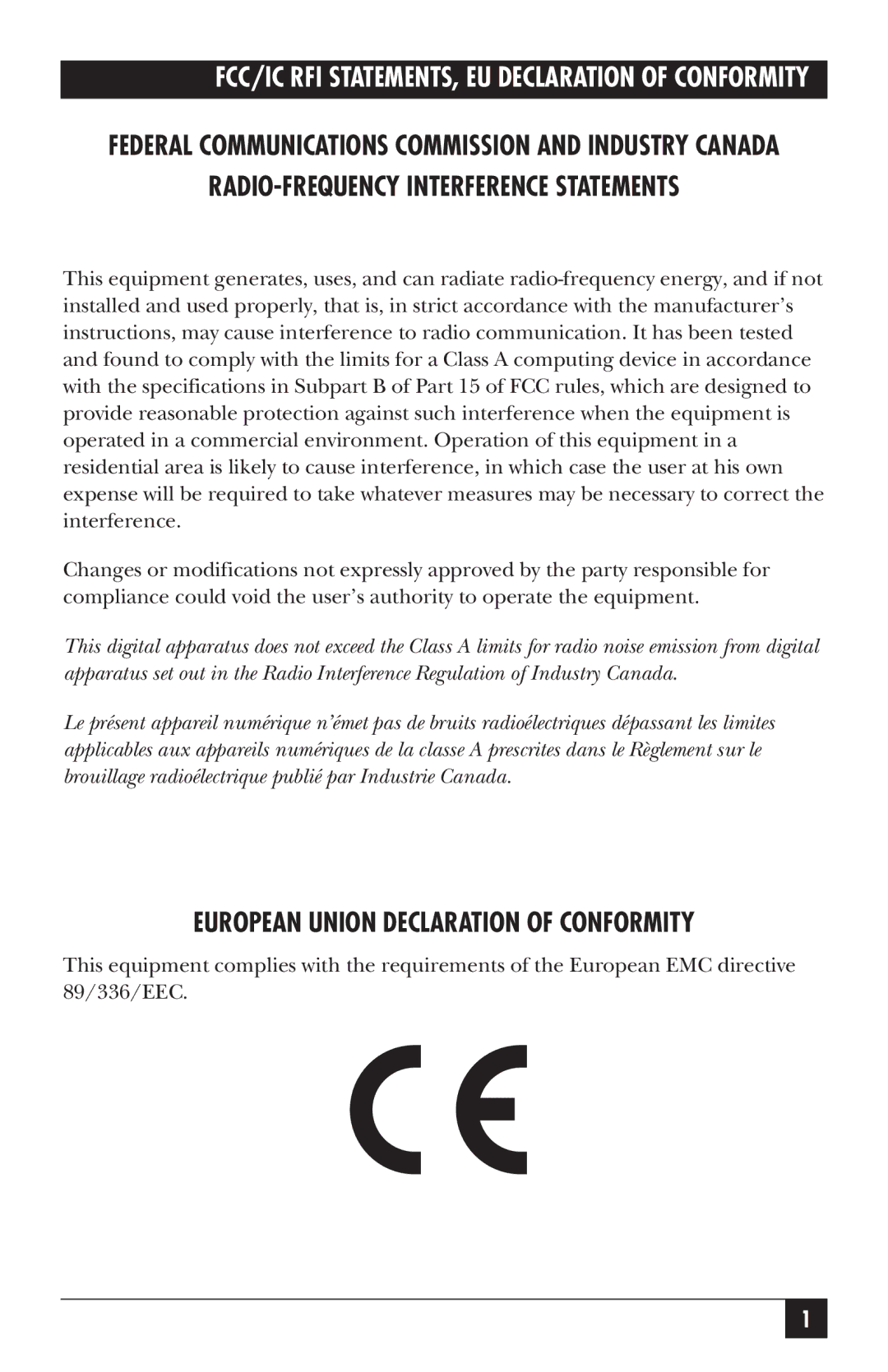 Black Box SC121A, SC120A-R2 manual European Union Declaration of Conformity 