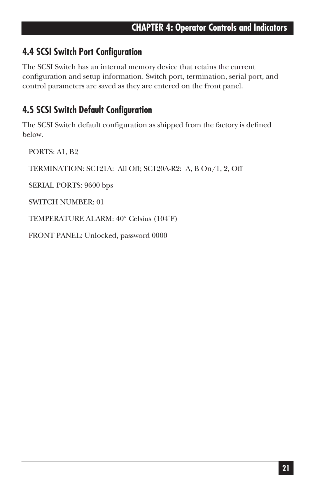 Black Box SC121A, SC120A-R2 manual Scsi Switch Port Configuration, Scsi Switch Default Configuration 