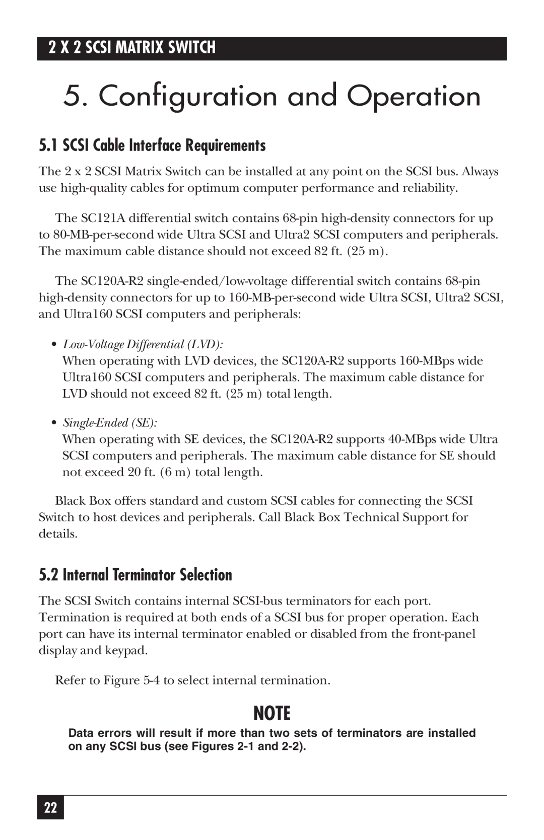 Black Box SC120A-R2, SC121A Configuration and Operation, Scsi Cable Interface Requirements, Internal Terminator Selection 