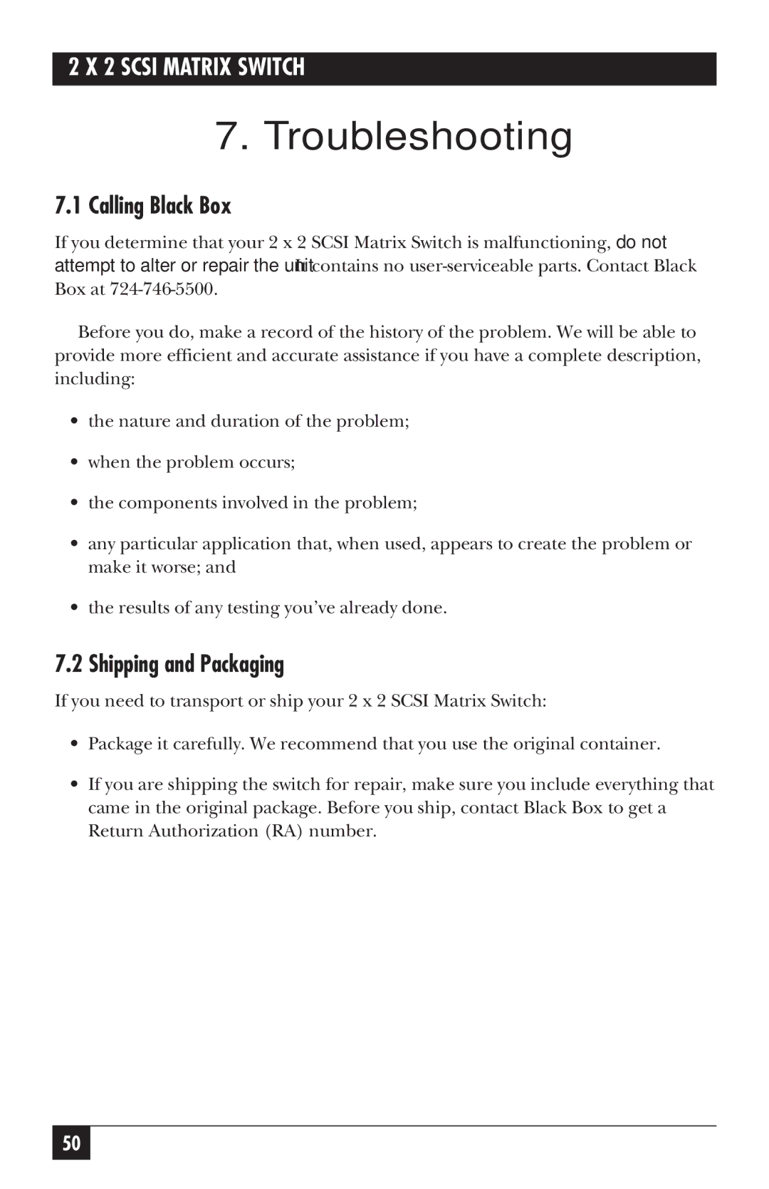 Black Box SC120A-R2, SC121A manual Troubleshooting, Calling Black Box, Shipping and Packaging 