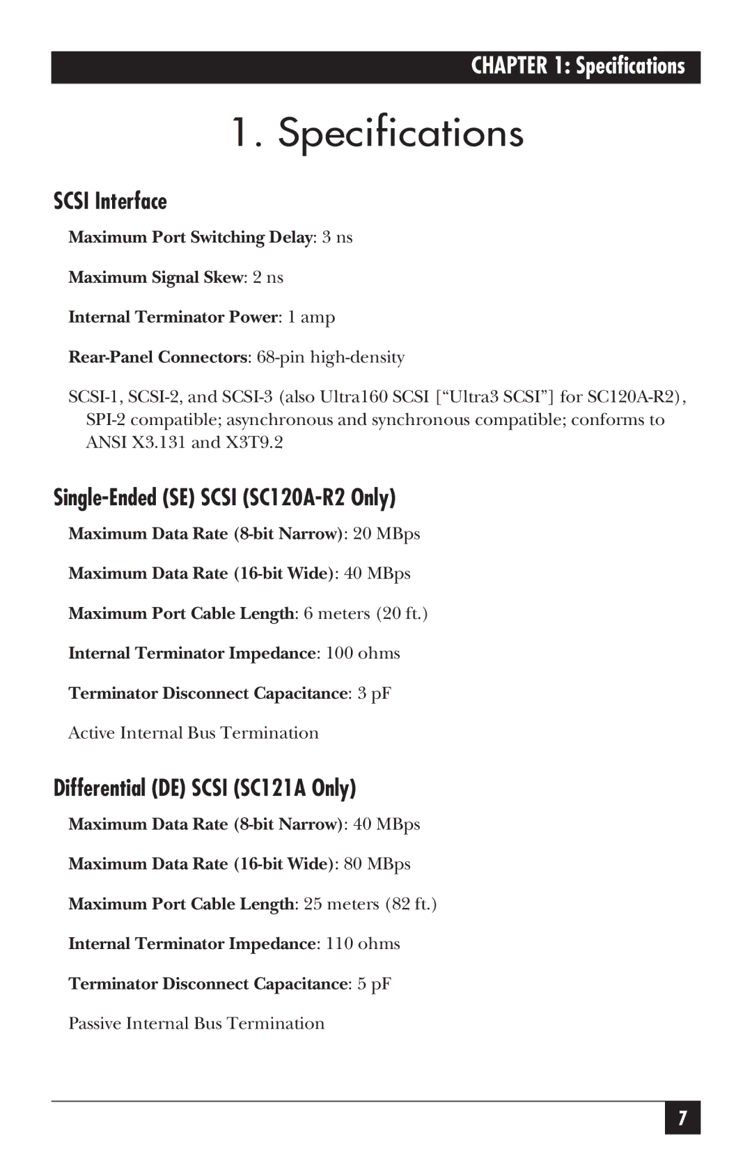 Black Box manual Specifications, Scsi Interface, Single-Ended SE Scsi SC120A-R2 Only, Differential DE Scsi SC121A Only 