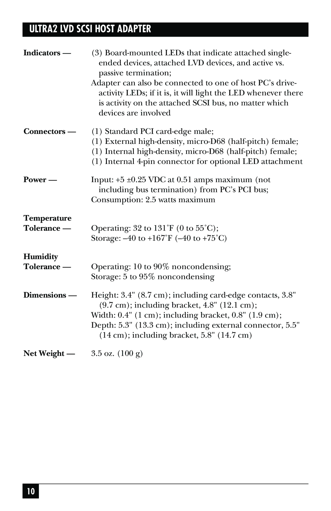 Black Box SCSI-2 LVD manual Temperature 