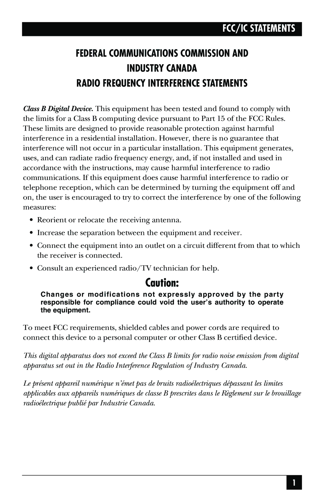 Black Box SCSI-2 LVD manual FCC/IC Statements 