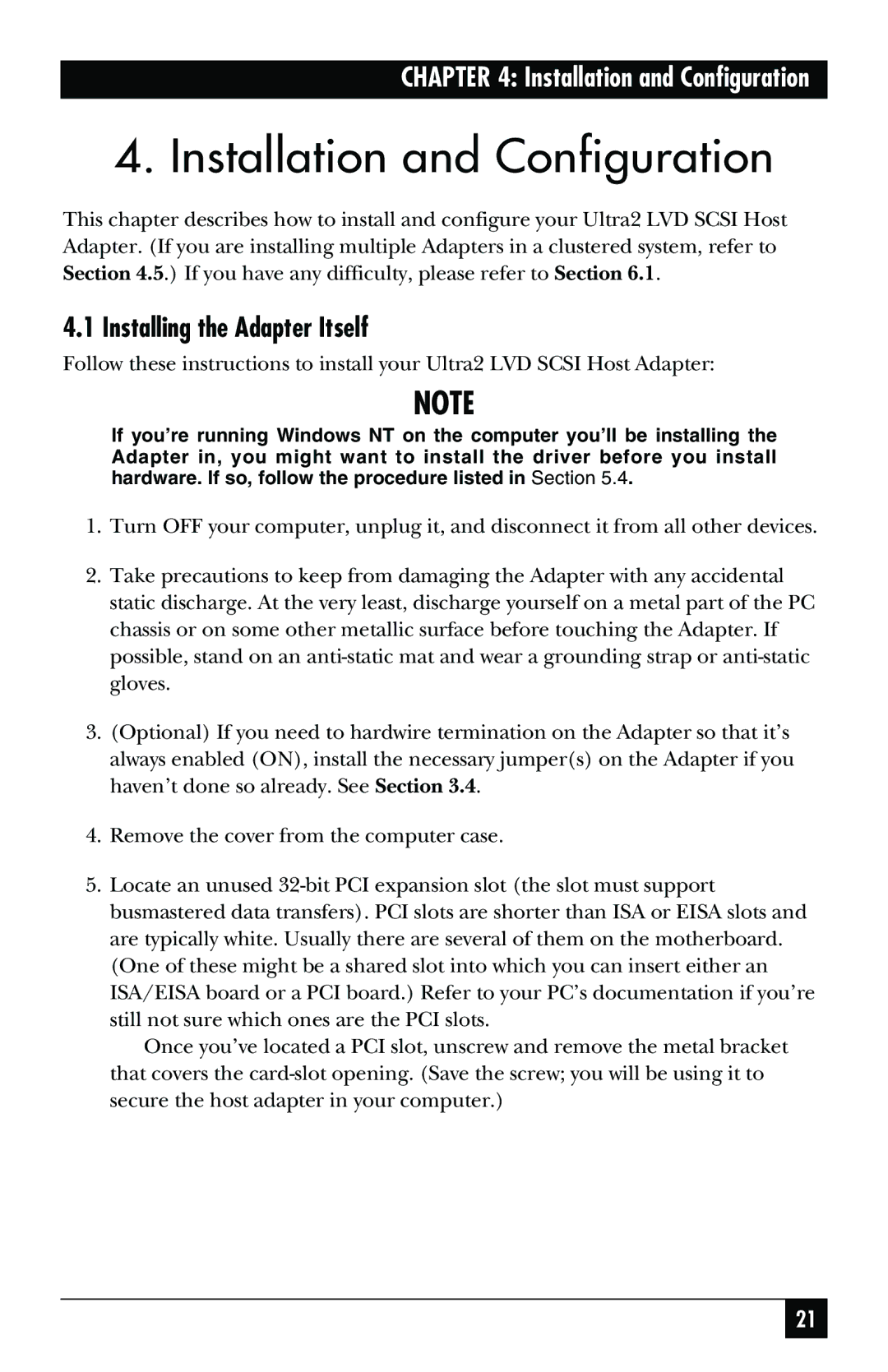 Black Box SCSI-2 LVD manual Installation and Configuration, Installing the Adapter Itself 