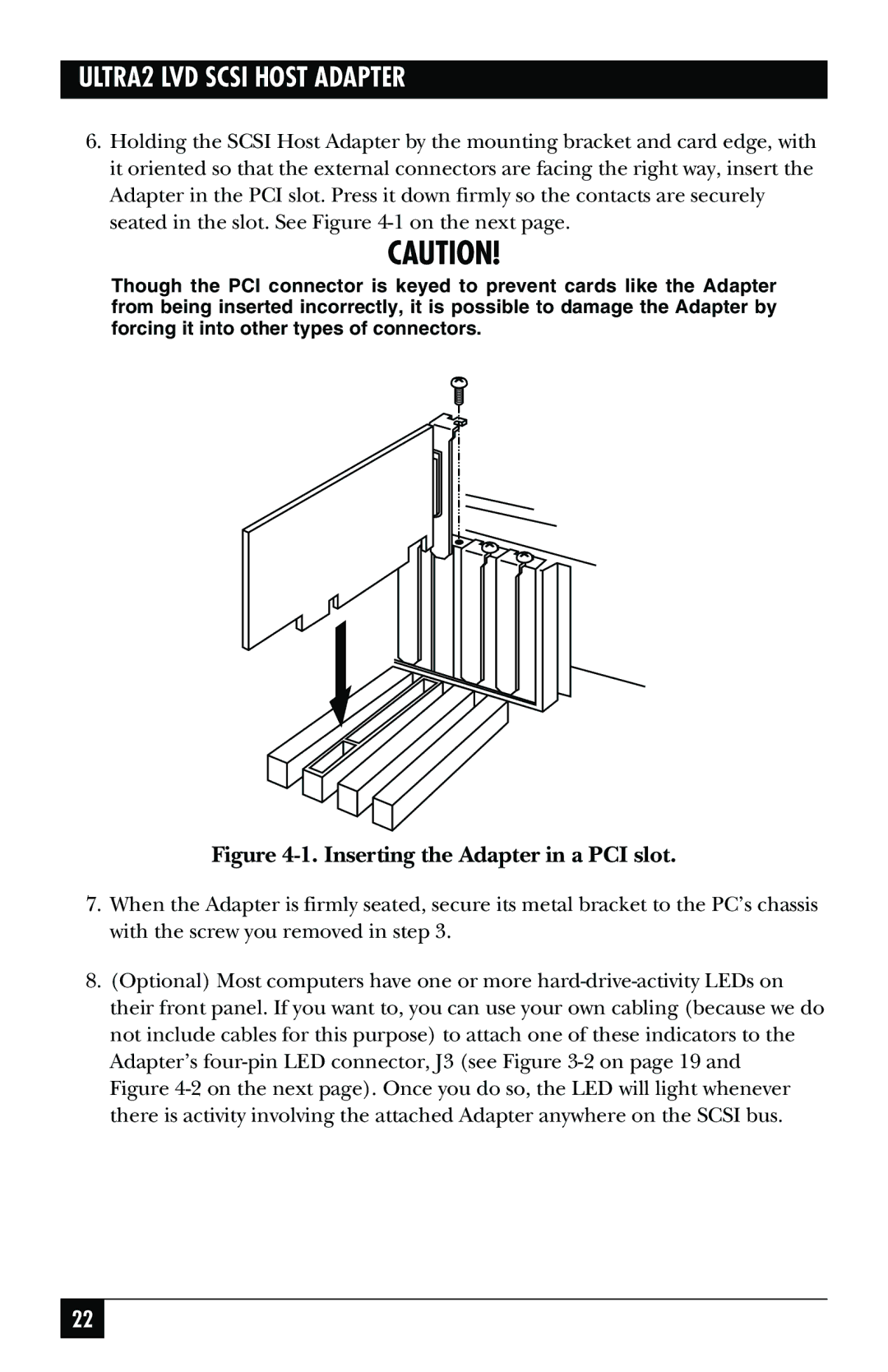 Black Box SCSI-2 LVD manual Inserting the Adapter in a PCI slot 