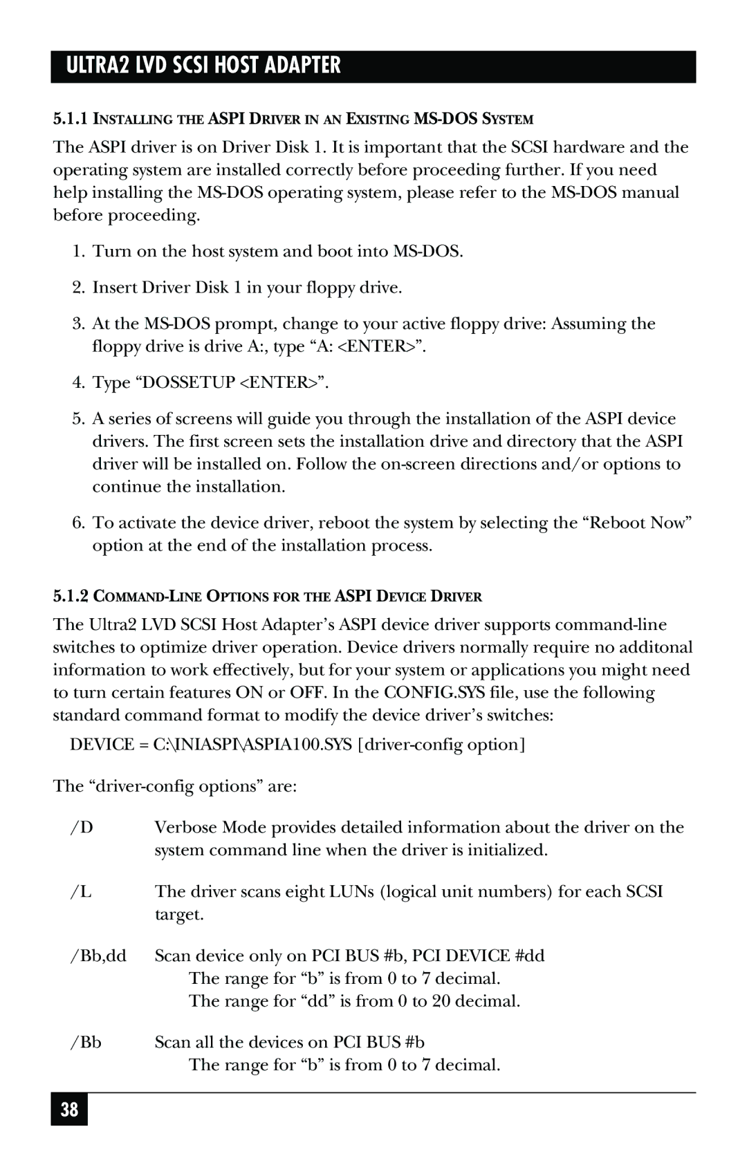 Black Box SCSI-2 LVD manual Installing the Aspi Driver in AN Existing MS-DOS System 