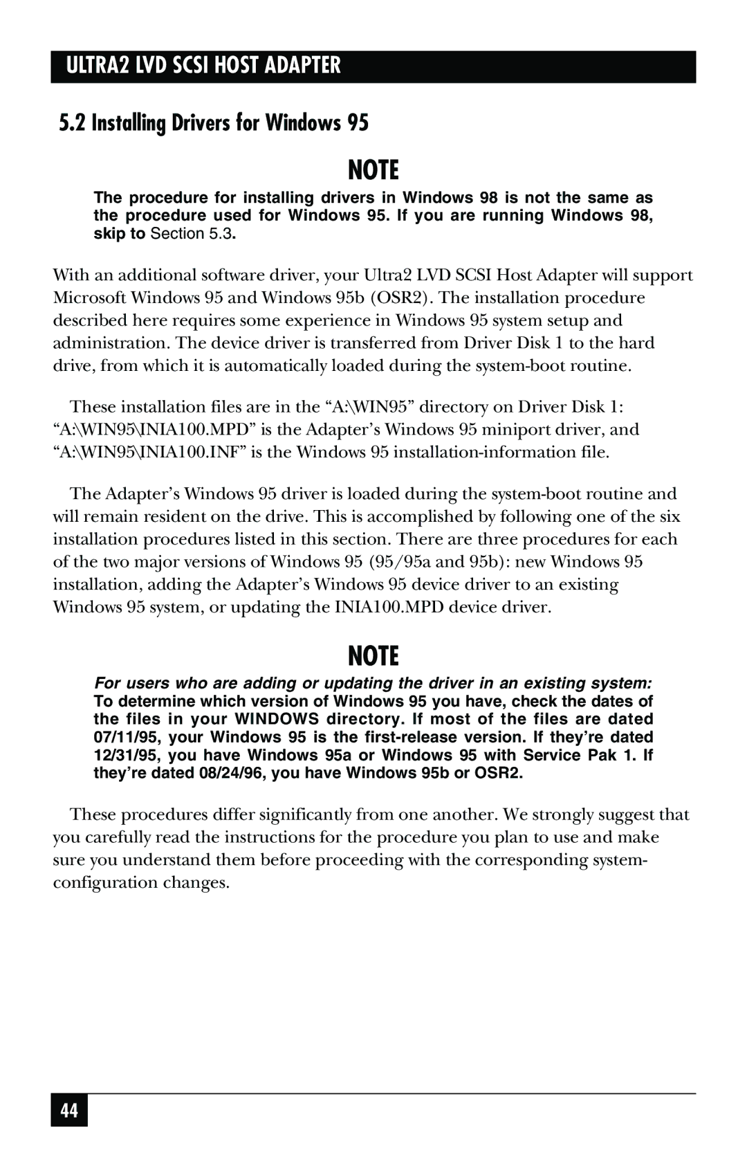 Black Box SCSI-2 LVD manual Installing Drivers for Windows 