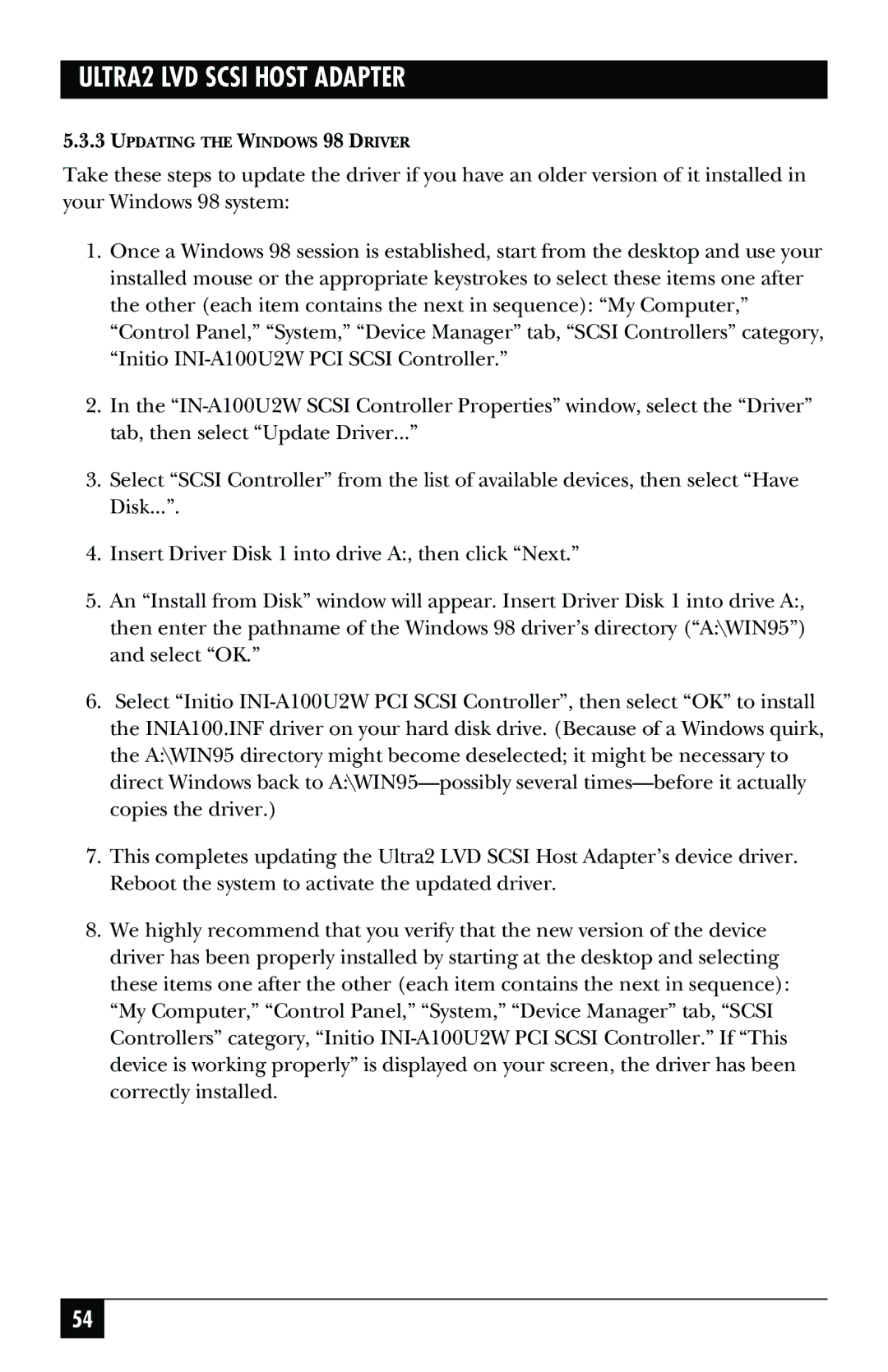 Black Box SCSI-2 LVD manual Updating the Windows 98 Driver 